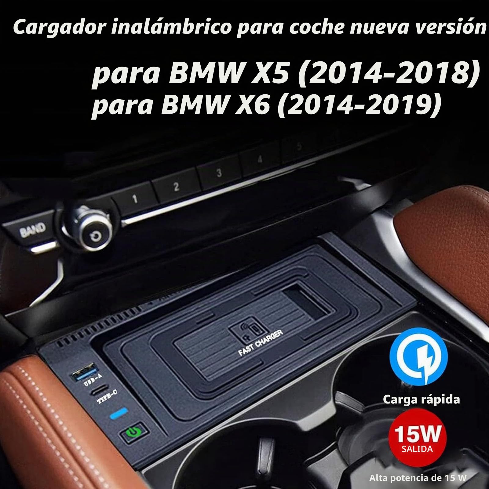 Cargador De Coche Inalámbrico para BMW X5(2008-2018)/X6(2008-2019) F15/E70/F16/E71 Panel De Accesorios De Consola Central De Carga Rápida De 15 W para Cualquier Teléfono Habilitado Par(Size:2014-2018)