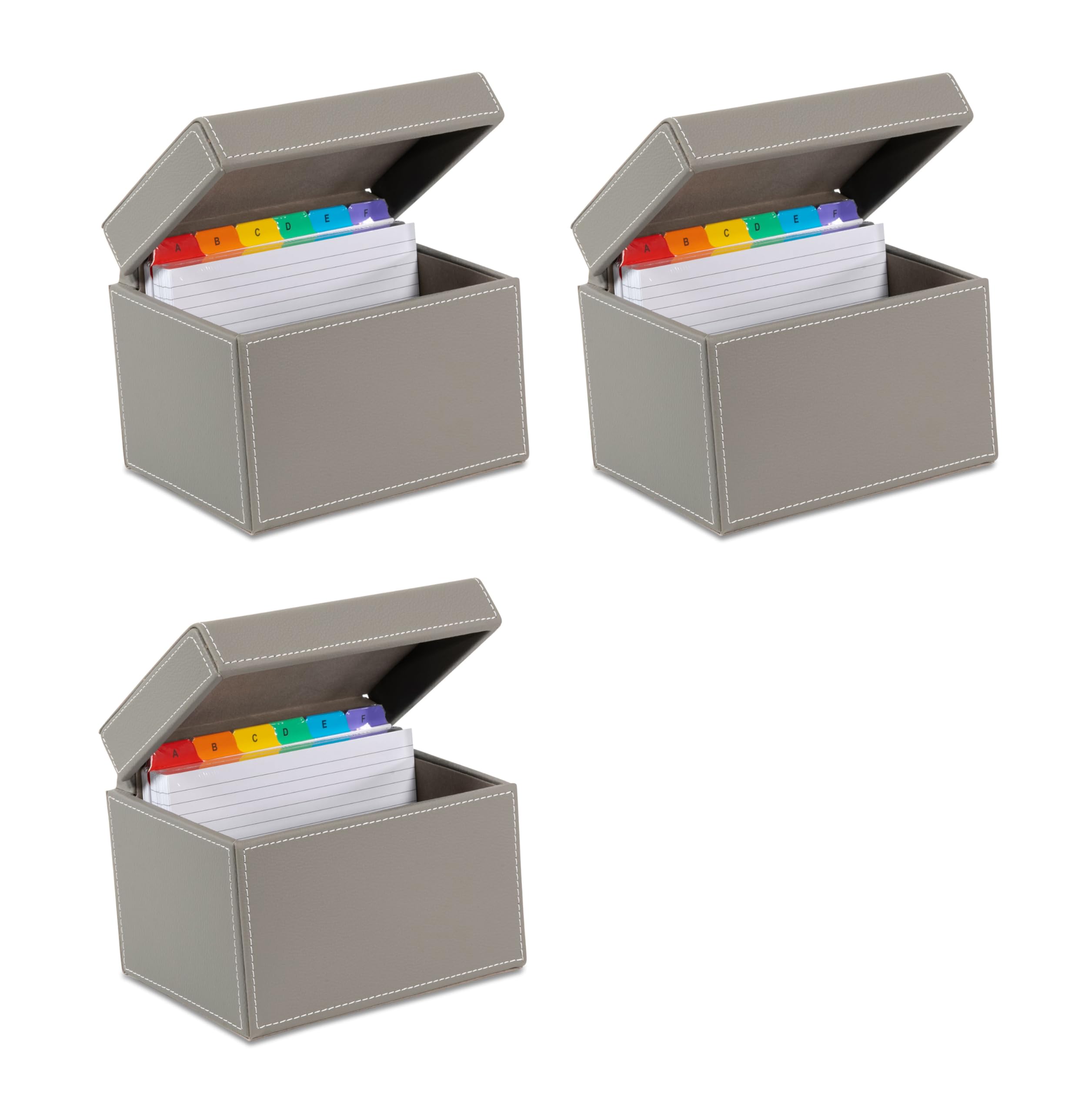 OSCO Grey Faux Leather Index Box, 3 Pack, A to Z Divider Tabs, 100 Lined Note Cards, Ruled Revision Flash Card, Recipe Notes, Office Contacts, Desktop Organiser, Holds 6" × 4" Cards (148 × 105 mm) — image 1