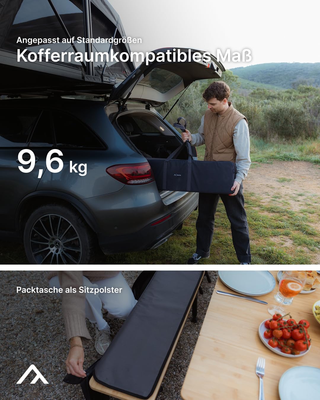 qeedo Benny 2er Set Camping Sitzbank aus robustem Bambus - 98 x 40 x 43 cm, Campingbank klappbar, Bierbank, Bierzeltbank, Balkonmöbel, Garten