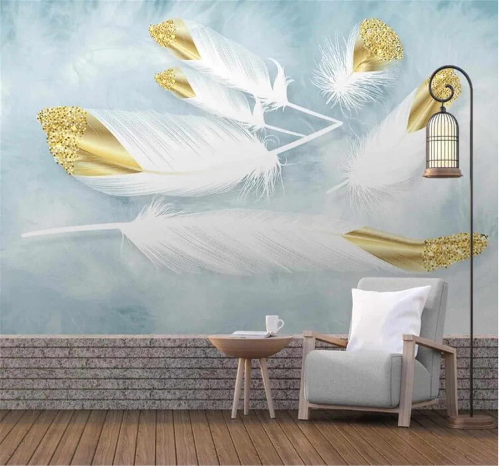 Tzxztt 300Cm×210Cm(B×H) Minimalist Fresh Gold Watercolour Feathers Modern 3D Wallpaper Premium Textured Silk Neutral Tones Material Ideal For Living Room Bedroom-300Cm×210Cm