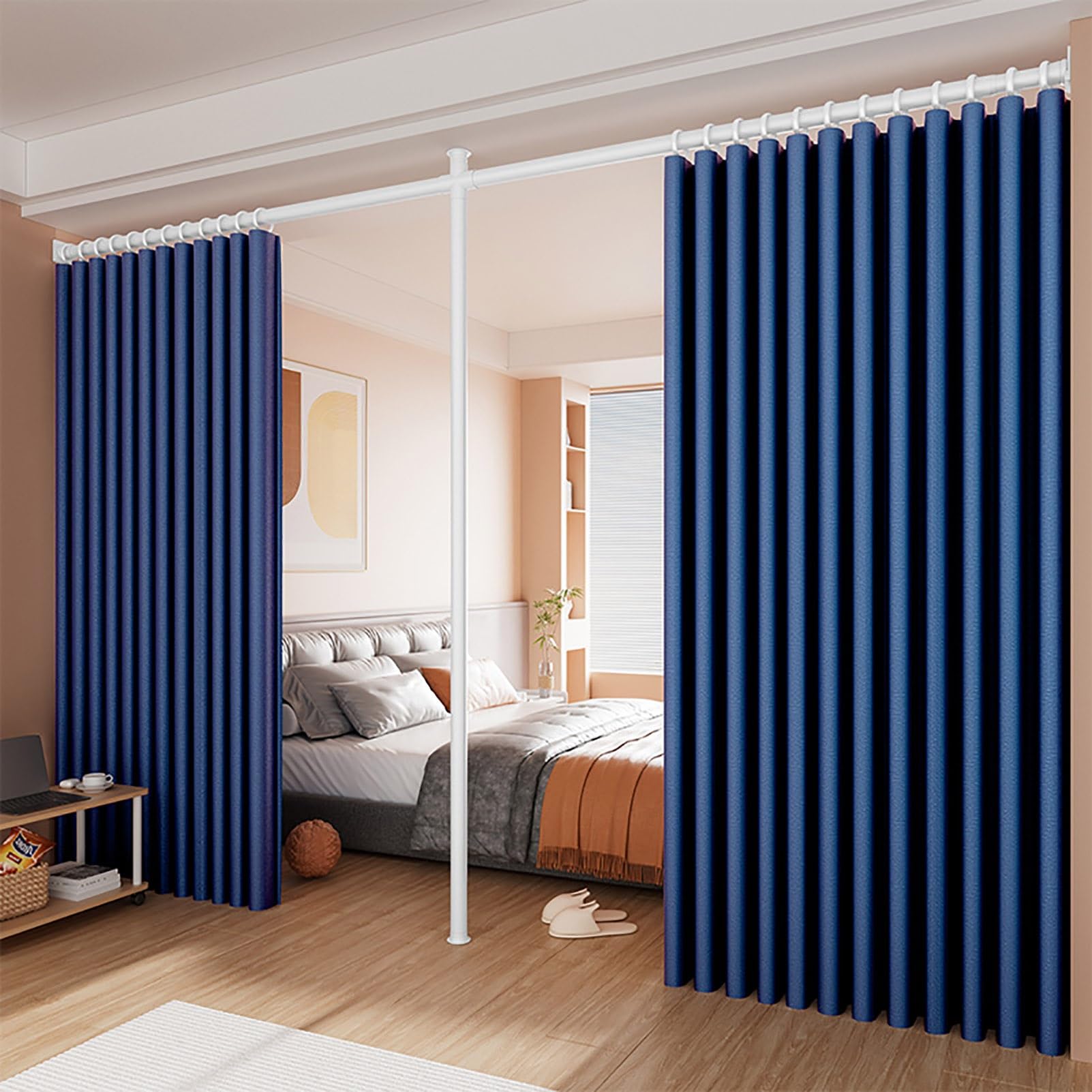 Traglo Dark Blue No Drilling Curtain Rods Room Divider Curtains Thermal Insulated Blackout Adjustable Floor To Ceiling Wall Dividers Partition Space Separator(,Width2.2m~3.2M)