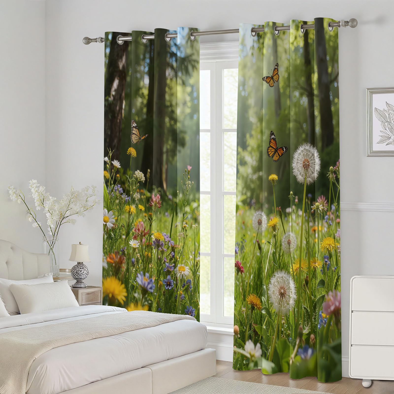 Blumenwiese Vorhang mit Ösen 2er Set, Bunt Wildblumen Schmetterling Gardinen Wohnzimmer 225x70 cm, Natur Pflanzen Floral Verdunkelungsvorhange Blickdicht Schlafzimmer Thermo Schallschutz Curtain