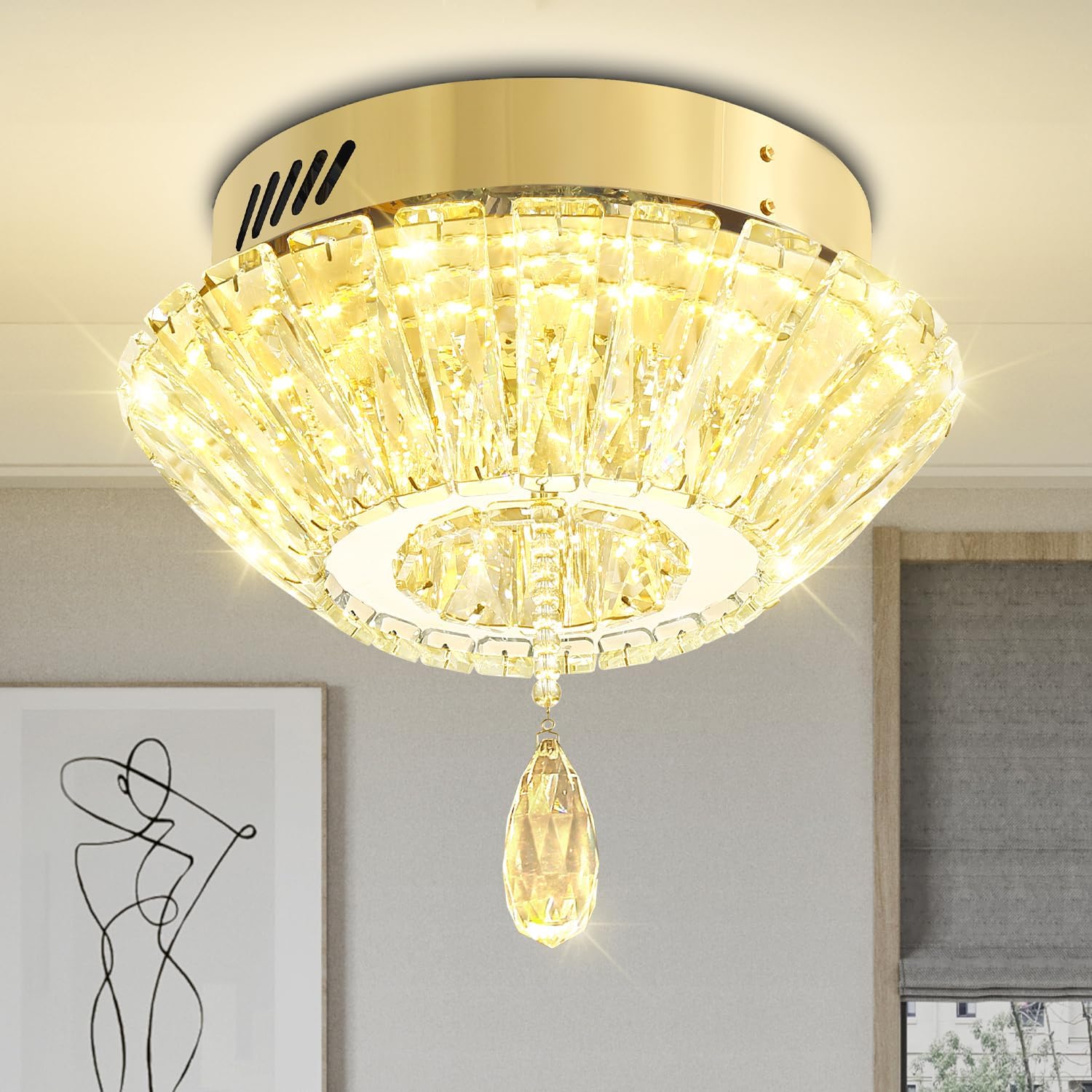 11.8" Mini Gold Crystal Chandelier LED Modern Flush Mount Ceiling Light for Hallway,Bedroom, Kitchen,