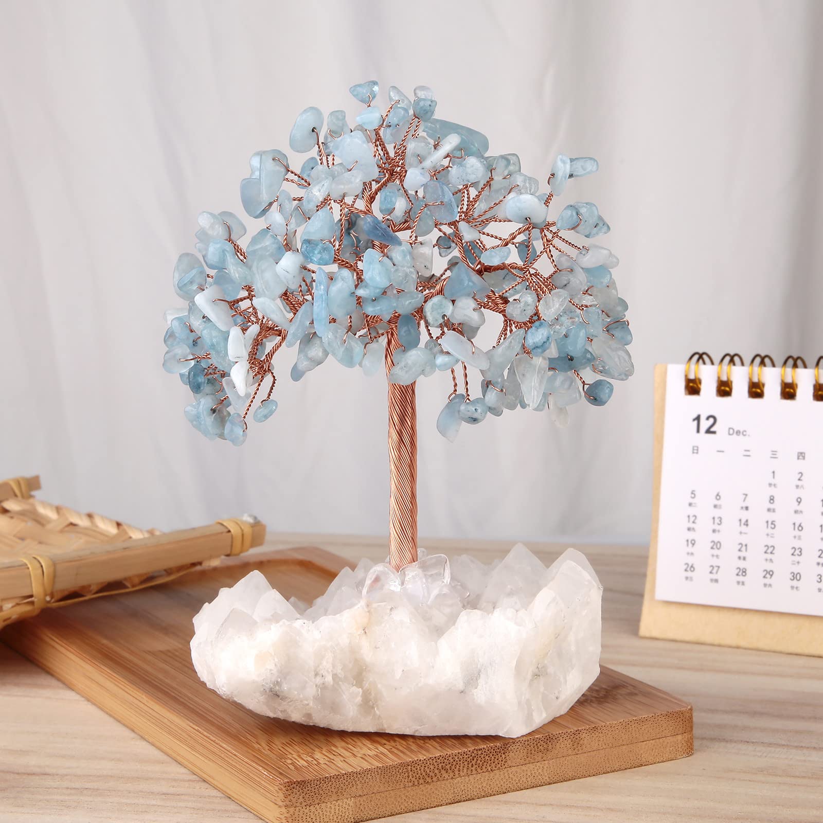 mookaitedecor Natural Blue Aquamarine Crystal Tree of Life Ornament for Home Reiki Healing Crystal Money Tree Stone Bonsai Tree with Clear Quartz Base Feng Shui Ornament Gift for Wealth Good Luck - Image 3