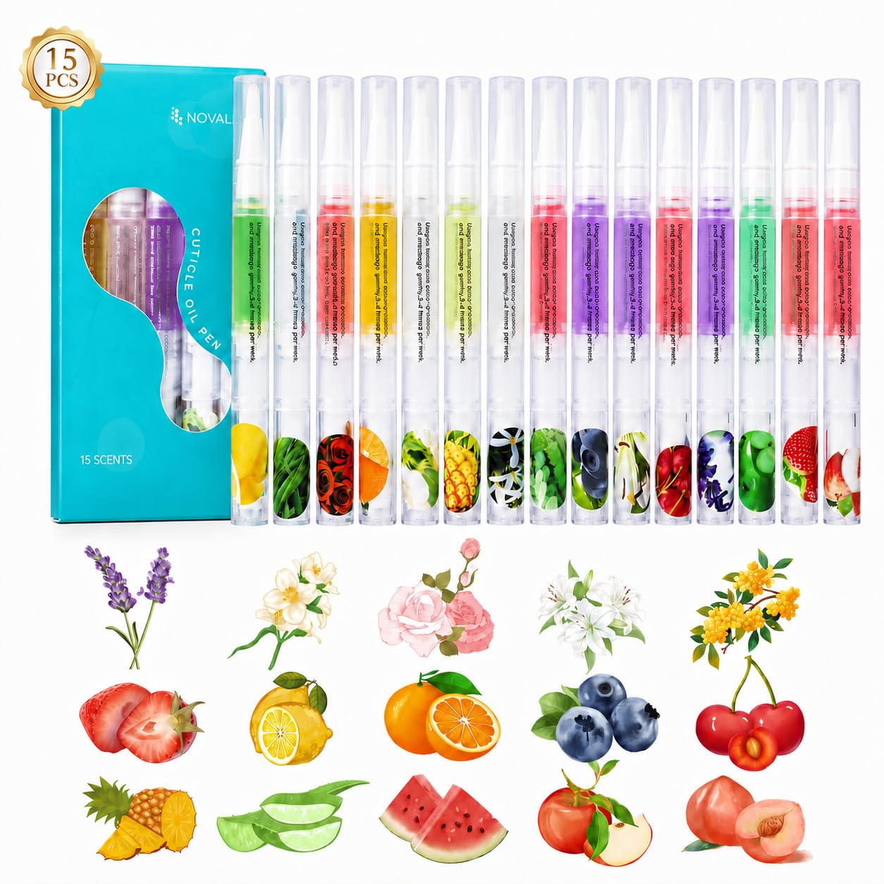 NOVAL Cuticle Oil Pens, 15 Scented Pens for Dry Cuticles, Bulk Set Mix Scents