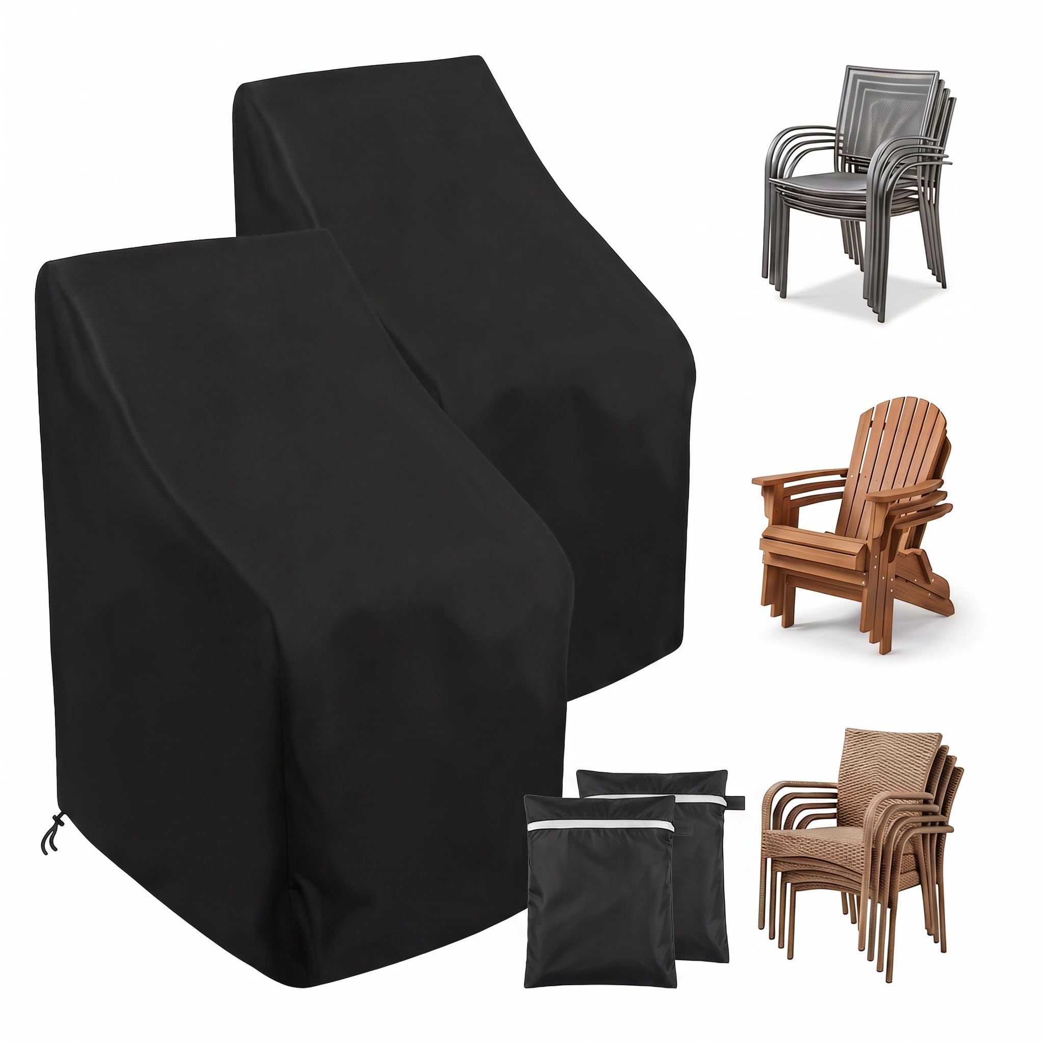 Ricyea 2pcs Garden Stacking Chair Cover Waterproof, 64x64x70/120cm, Black