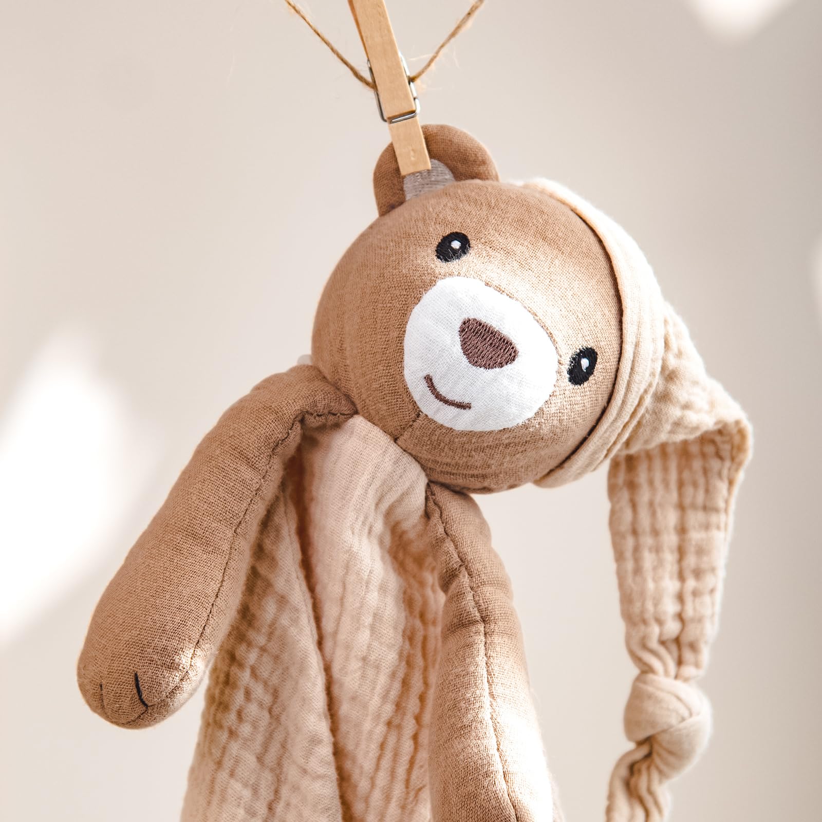 lulumoon Security Blanket: Muslin Lovey for Babies Travel & Daycare - Skin-Friendly Snuggle Companion for Self-Soothe (Bear-Cream) - 4