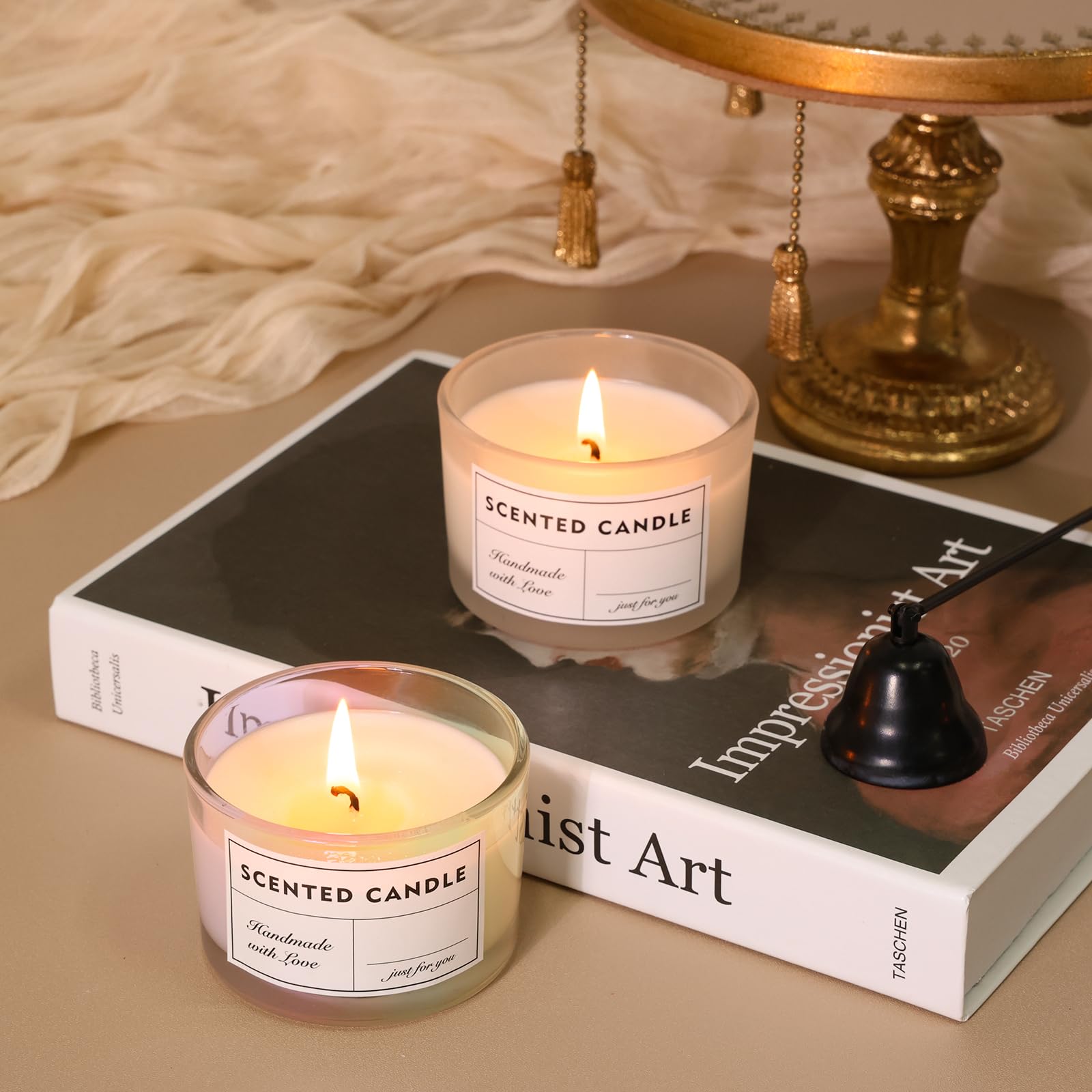 SUPMIND Confezione da 15 barattoli per candele iridescenti, in vetro a bocca larga, con coperchio in bambù per realizzare candele, contenitore per candele sfuse con kit di stoppini, ideali per