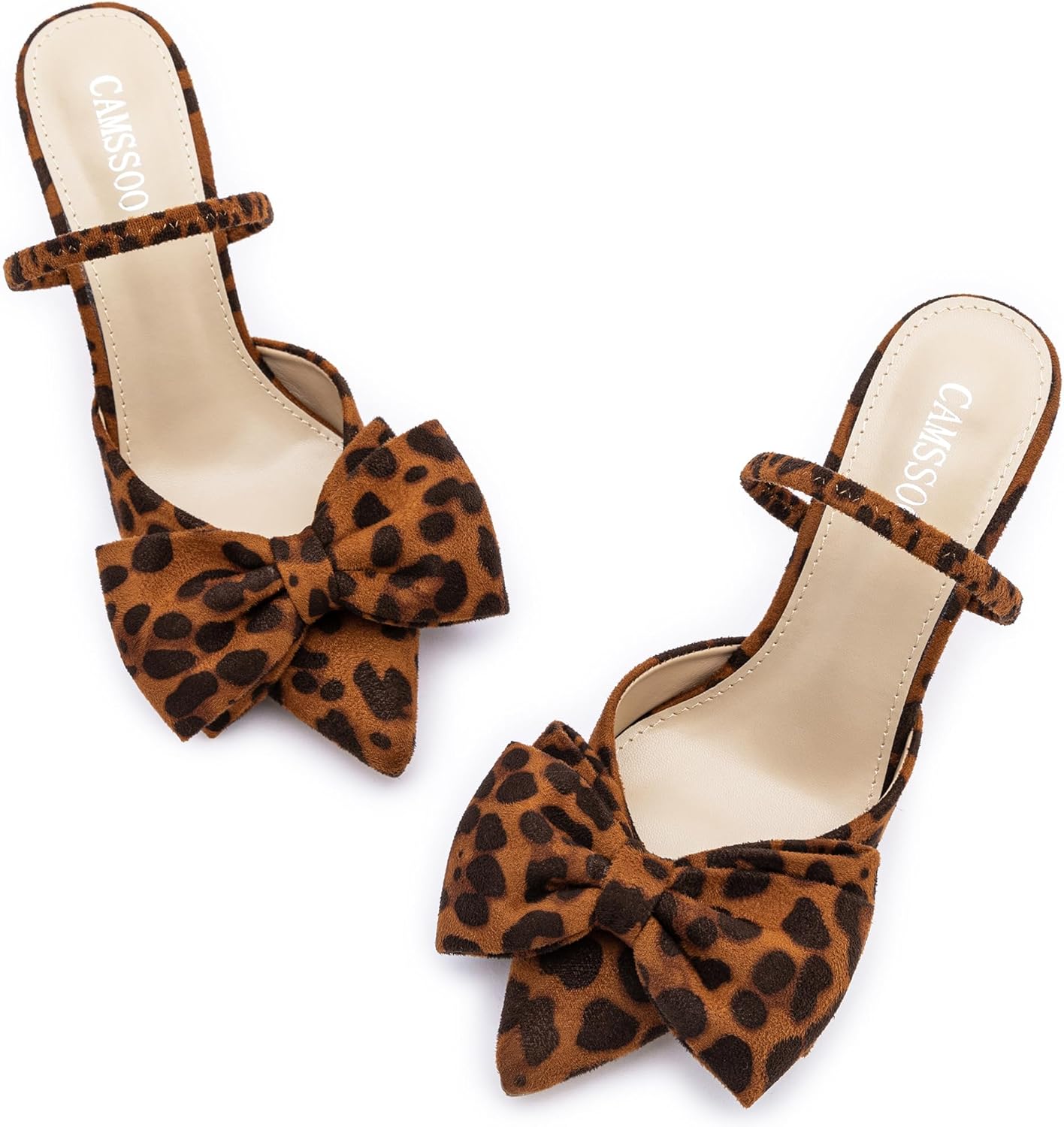 CAMSSOO Womens Bow Heels Slingback Pumps Suede Closed Pointed Toe Kitten Heel Mules with Strap Stiletto Slip On Dress Shoes - Image 5