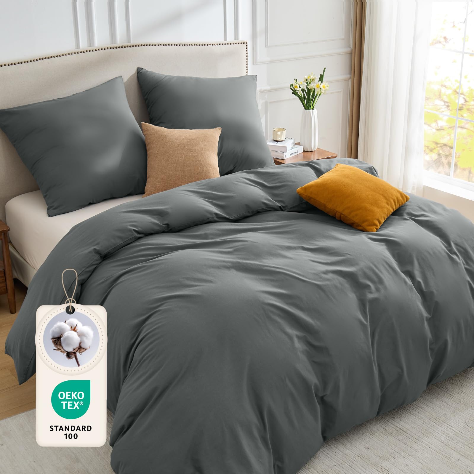 BEDELITE Bettwäsche 200x220 Baumwolle 3teilig - Bettwäsche-Sets Grau mit Reißverschluss, Bettbezug 220x200 Anthrazit mit 2 Kissenbezüge 80x80 cm, Oeko-TEX Bedding weiche und kuschelige Bettwaren