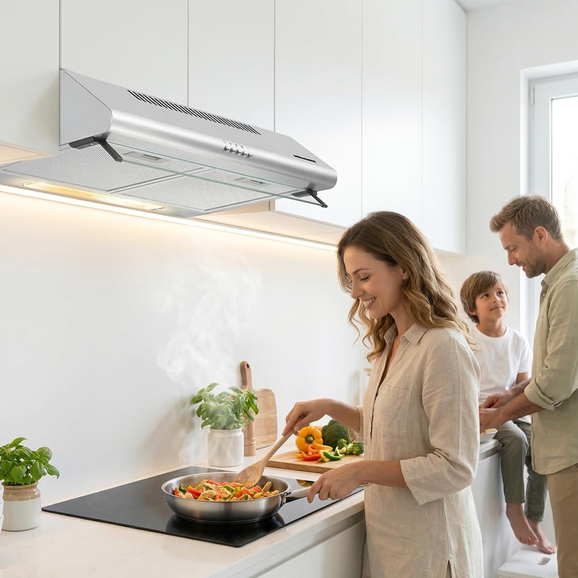 XCH-450S Cappa aspirante Piano di lavoro 60cm, Cappa Cucina Scarico e Riciclaggio 347,4 m³/h, Doppio Motore, Acciaio inossidabile, Argento