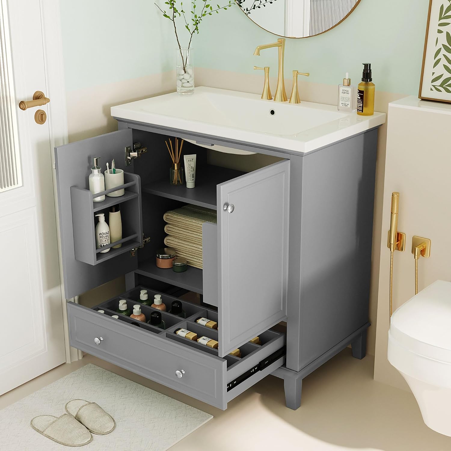 30 Inch Bathroom Vanities with Undermount Sink, Storage Cabinet with Door Rack Shelf, Multi-Functional Drawer with Dividers, Soft Closing Doors, Gray