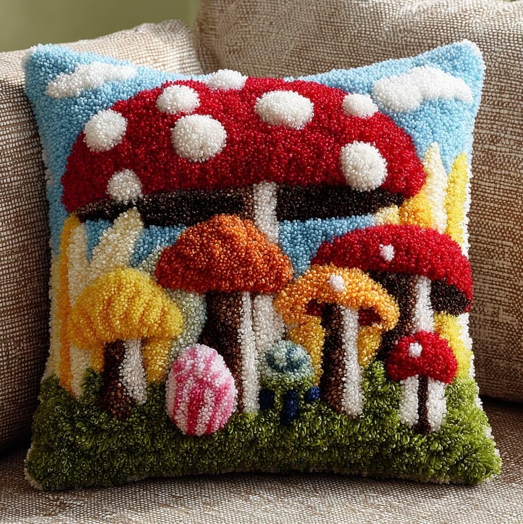 WallustrioaW Latch Hook Cushion kit,Cartoon Mushroom,DIY Rug Cushion kit - Latch Hook Pillow for Beginners - Christmas Craft Activity,17x17in