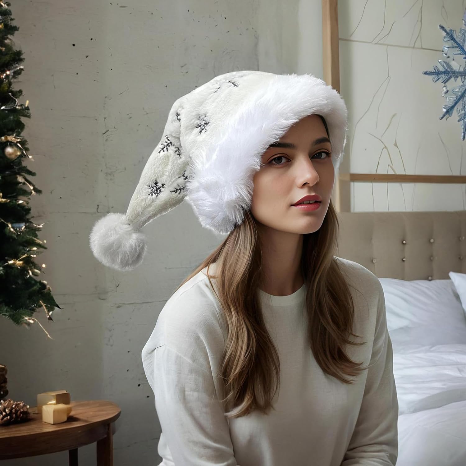 Black Snowflake Sequin Santa Hat White Christmas Hat for Women Men, Soft Plush Velvet Xmas Hats for Adults Santa Claus Hats New Year Costume Party Decorations - Image 6