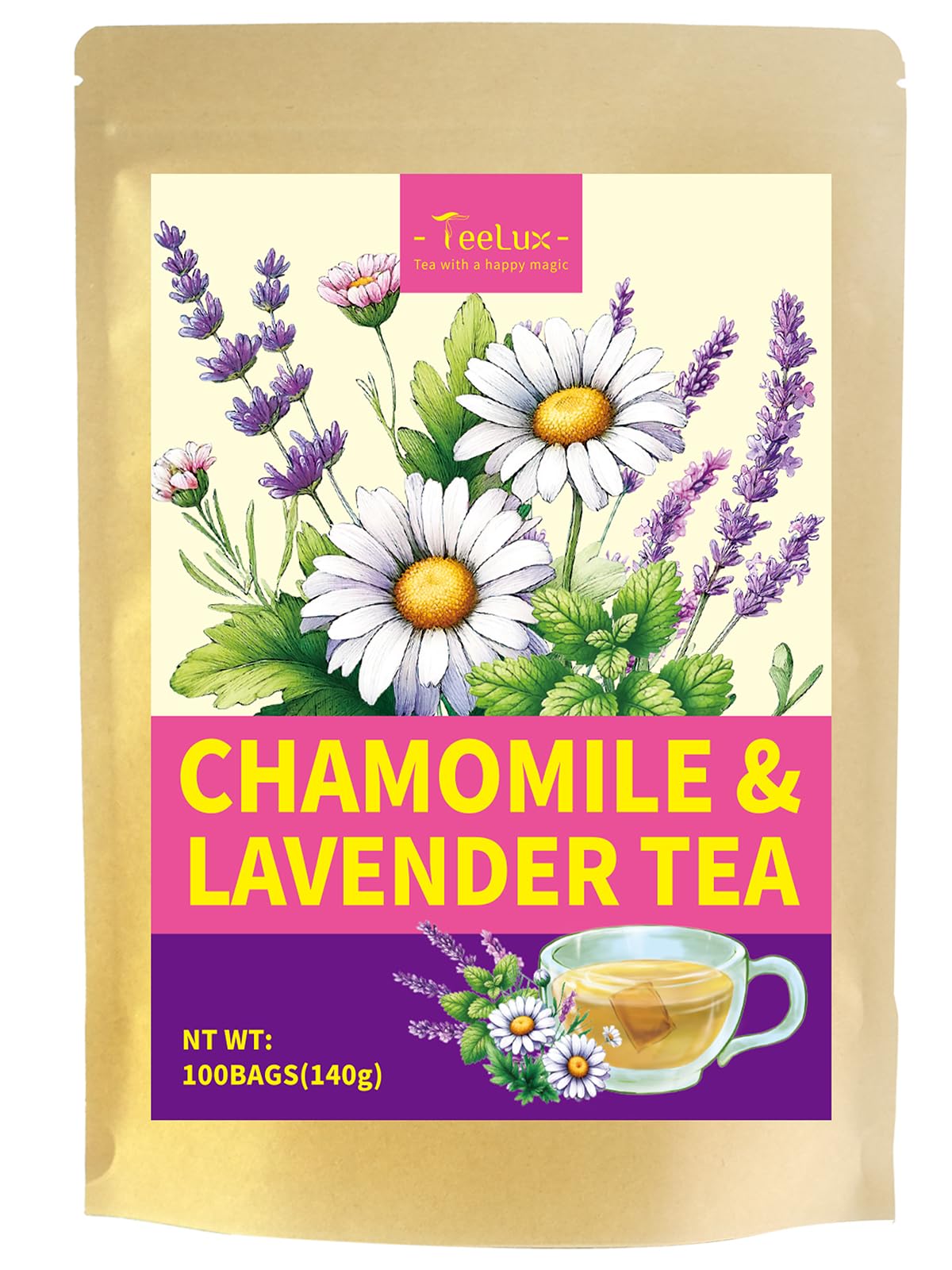 TeeLuxChamomile & Lavender Tea Bags 100 Count, Soothing, Blends Chamomile Flowers + Lavender Buds + Lemon Balm, Caffeine Free Herbal Tea