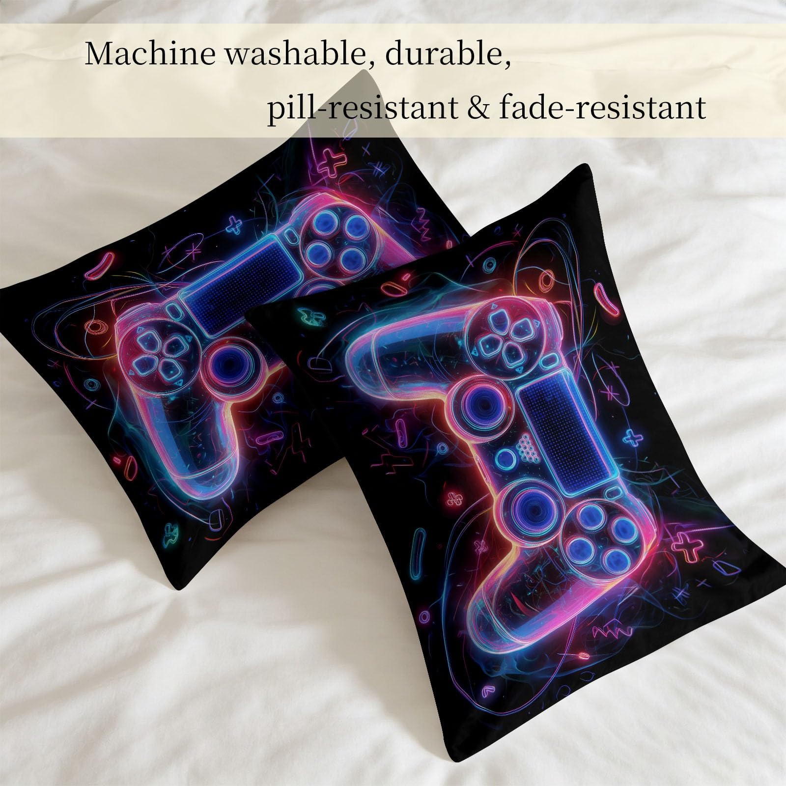 Edredón sin funda 240 x 220 cm - E Sports Gaming - Manta para todo el año, diseño de mando de videojuegos luminoso, 3 piezas, para alérgicos, 4 estaciones, edredón + 2 fundas de almohada de 80 x 80 cm