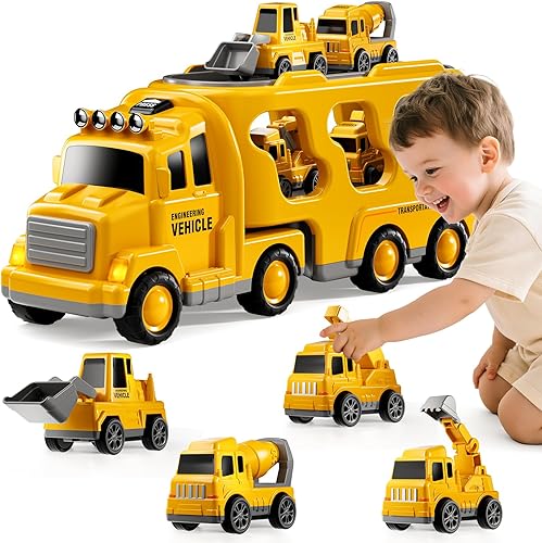 Miniatura 9 de Camiones de construcción de juguetes para niños de 2, 3, 4, 5 años, vehículo de transporte 5 en 1 para niños pequeños de 2 a 4 años con grúa,