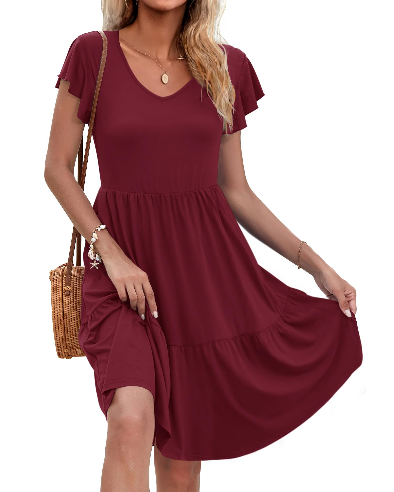 AUSELILY Damen Sommerkleid Rüschen Kurzarm Elegante V-Ausschnitt Kleider Swing Knielanges A-Linie Freizeit Strandkleid Gestuftes Kleider mit Tasche
