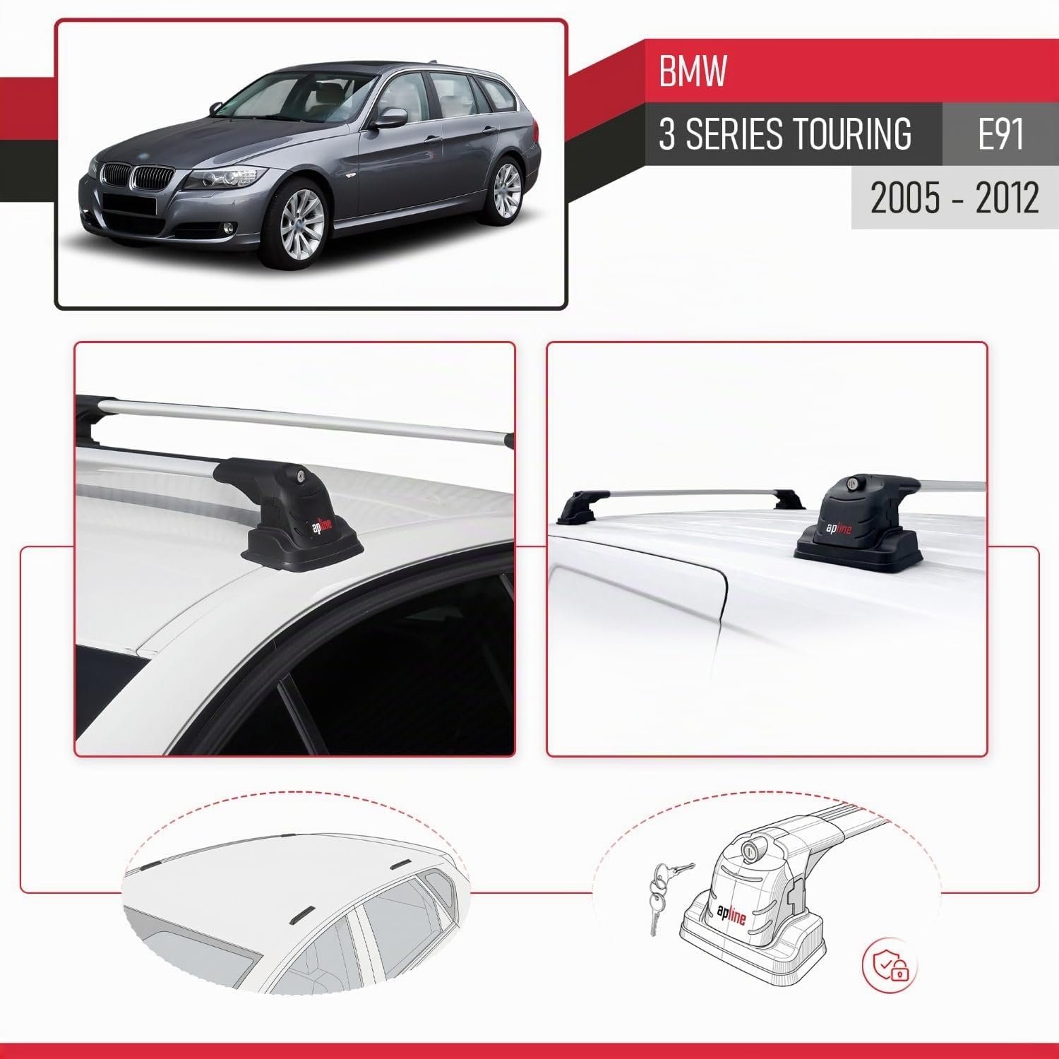 Compatibile con BMW Serie 3 Touring (E91) 2005-2012 Modello ACE-3 Barre Tetto Portapacchi Auto Barre Portatutto Grigio Alluminio 2 Barre