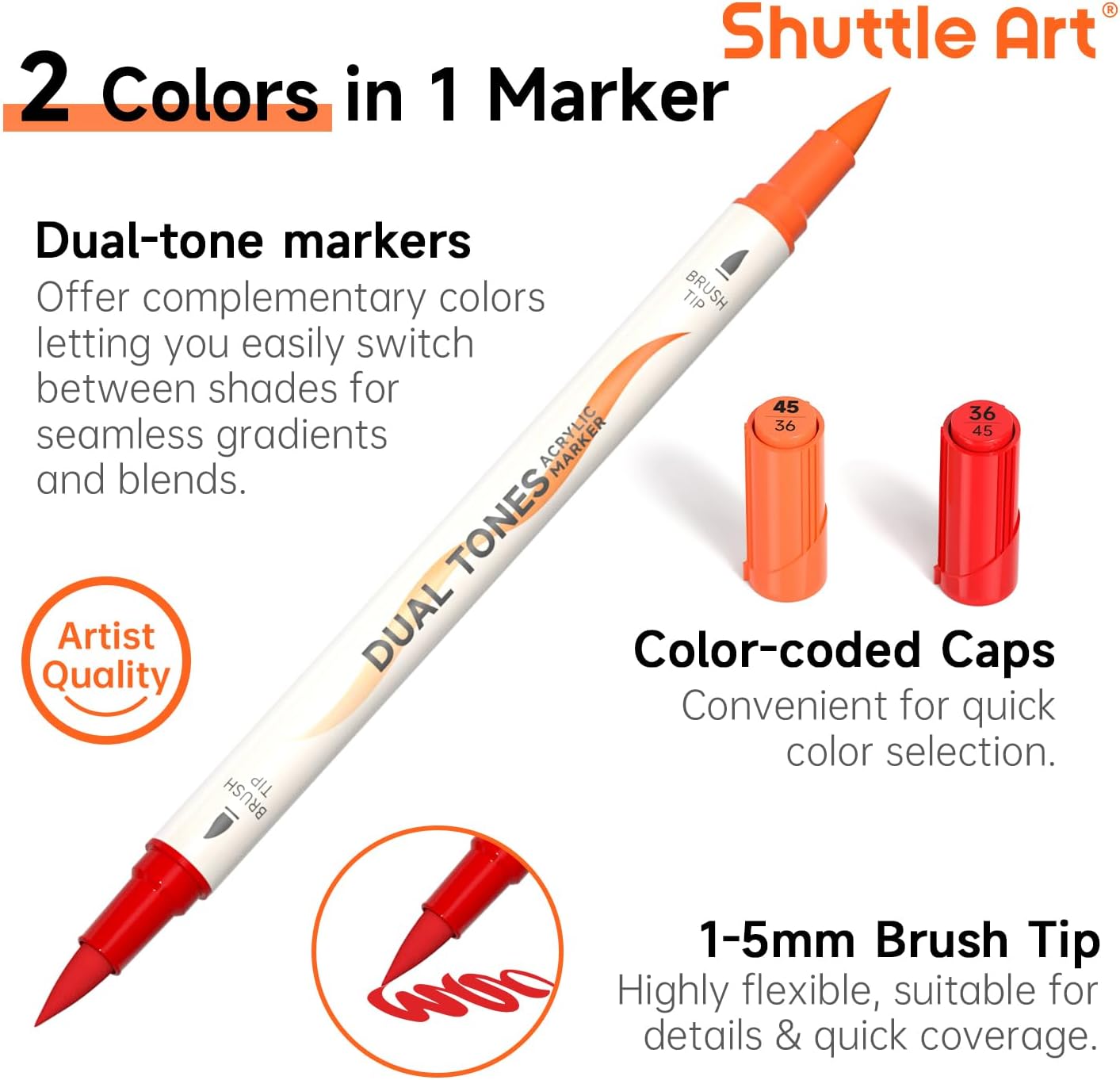 Shuttle Art 120 Colors Dual Tone Acrylic Paint Markers, 60 Pack Acrylic Paint Pens Set for Rock Painting, Ceramic, Wood, Canvas, Glass, Stone, Fabric, Card Making, DIY Crafts & Art Supplies