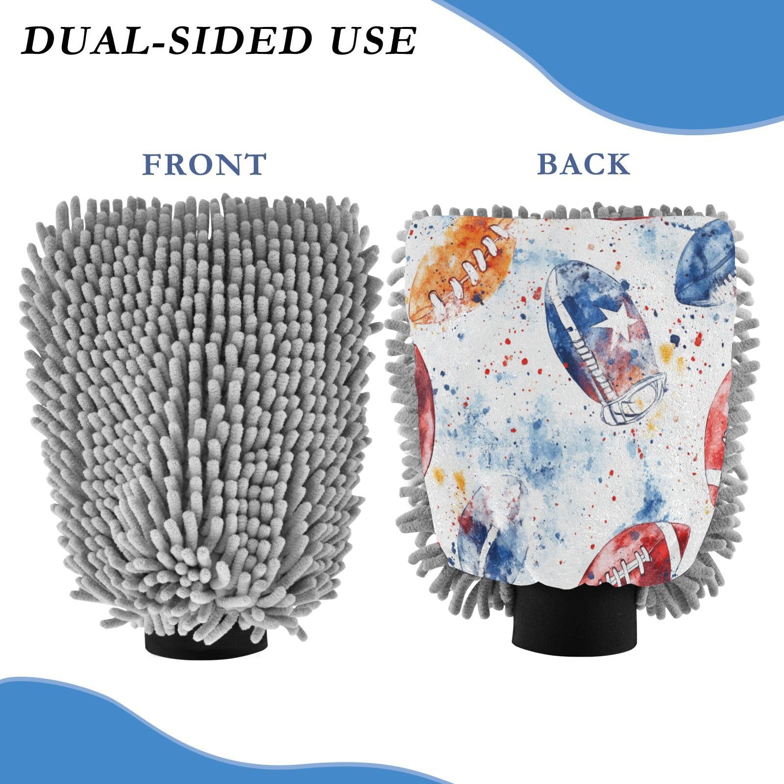 ALAZA Watercolor Football Car Wash Mitt Scratch Free, 2 Pack Absorbent Microfiber/Chenille Washing & Drying Mitts, M