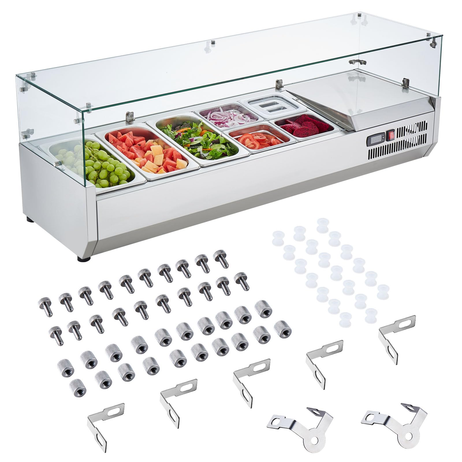 VEVOR Stazione di Preparazione Refrigerata per Condimenti da Banco 150 W Stazione di Preparazione per Frigorifero con 3 Vaschette 1/3, 4 Vaschette 1/6, Corpo in Acciaio Inossidabile 304, Coperchio PC