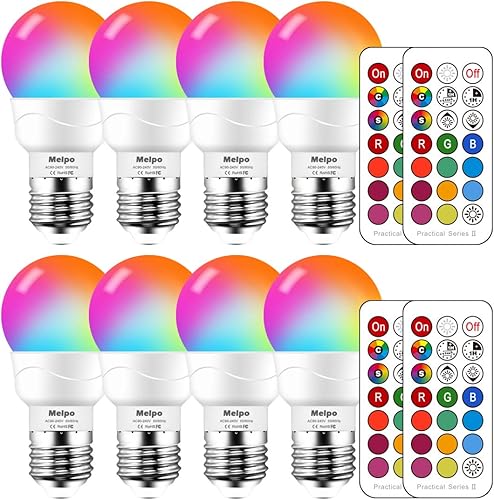 MELPO Bombilla LED que cambia de color con control remoto, 5 W equivalente a 40 W, 500 LM, 5700 K, bombillas RGB regulables E26 para fiesta de