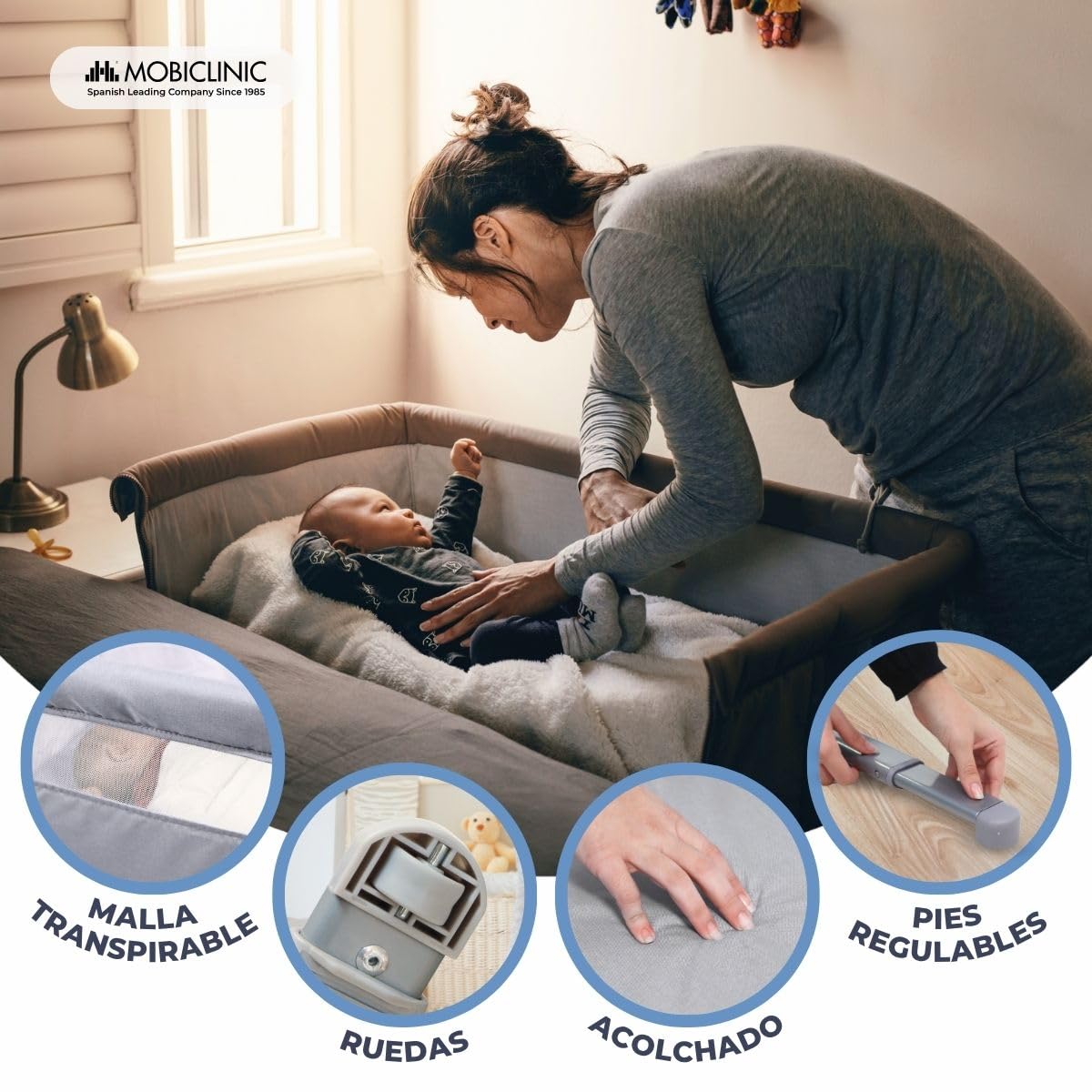 Mobiclinic®, Cuna colecho, 2 en 1, Moon, Sistema de Unión a la Cama, Regulable 5 Alturas, Bolsa Transporte, Incluye Ruedas, Malla Transpirable, Base Acolchada