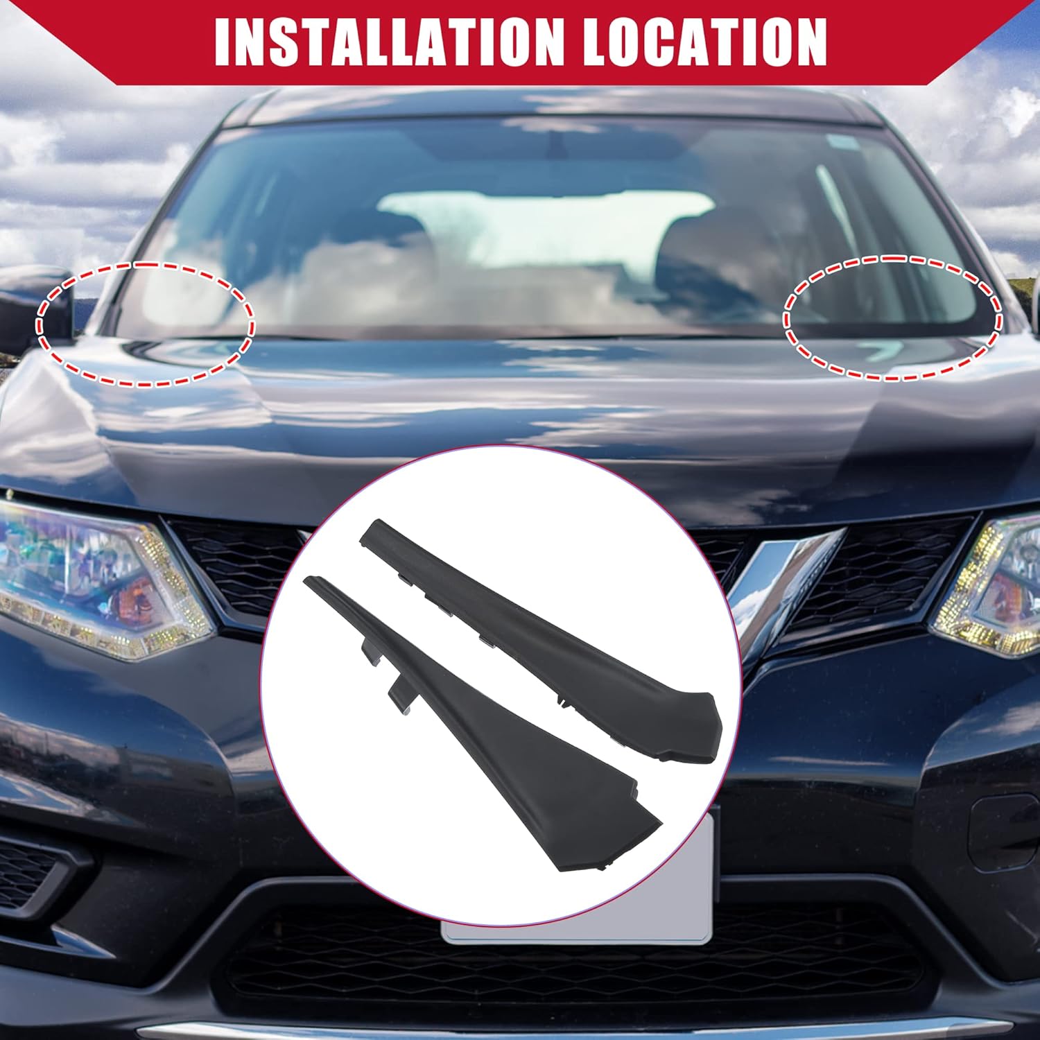 66895-4CL0A / Front Left Right/Windshield Wiper Side Cowl Extension Trim for Nissan Rogue 2014-2019 / Durable/Plastic / 1 Set/Black
