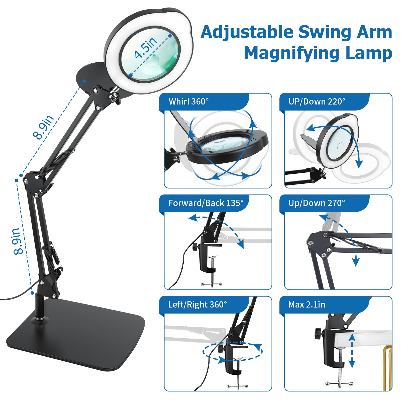 Loupe 15X 30X avec lumière et support, lampe de bureau LED avec base et pince, 5 modes de couleur, 10 niveaux à intensité variable, loupes mains libres pour la lecture, le travail rapproché