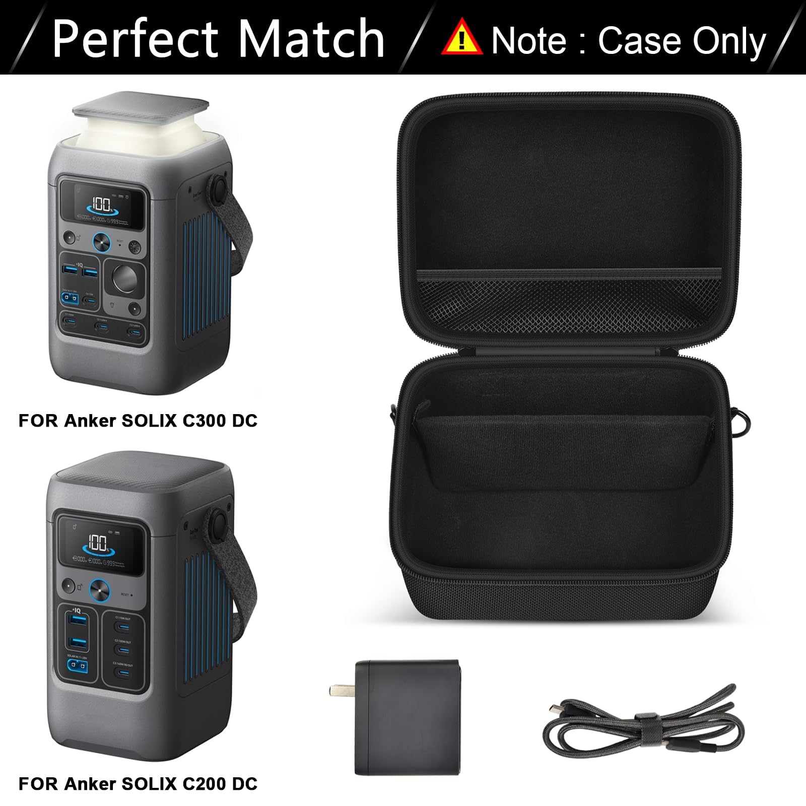 ANKHOH Powerbank-Hülle für Anker Solix C200 DC, für Solix C300 DC Solar-Kraftstation, Generator-Ladegerät, Akku-Aufbewahrungshalter, Schutzhülle für Outdoor-Camping, Reisen (nur Box), Schwarz , 9*7.5
