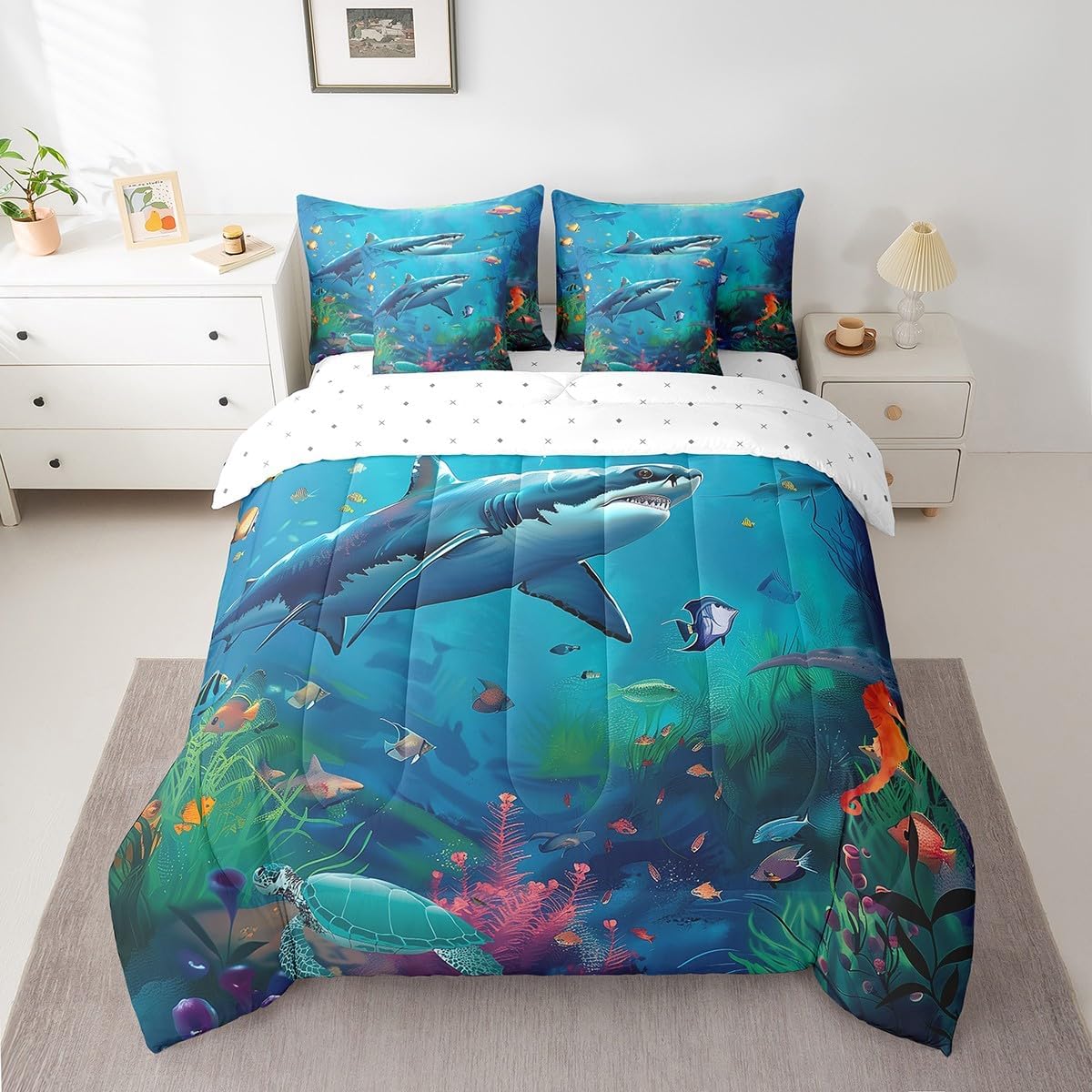 Erosebridal Palm Tree Surfboard Comforter Set Twin 7 Piece Ocean Surf Bed in a Bag for Surfer,Coastal Beach Bedding Set (1 Comforter,1 Fitted Sheet,1 Flat Sheet,2 Pillowcases,2 Throw Pillow Covers)