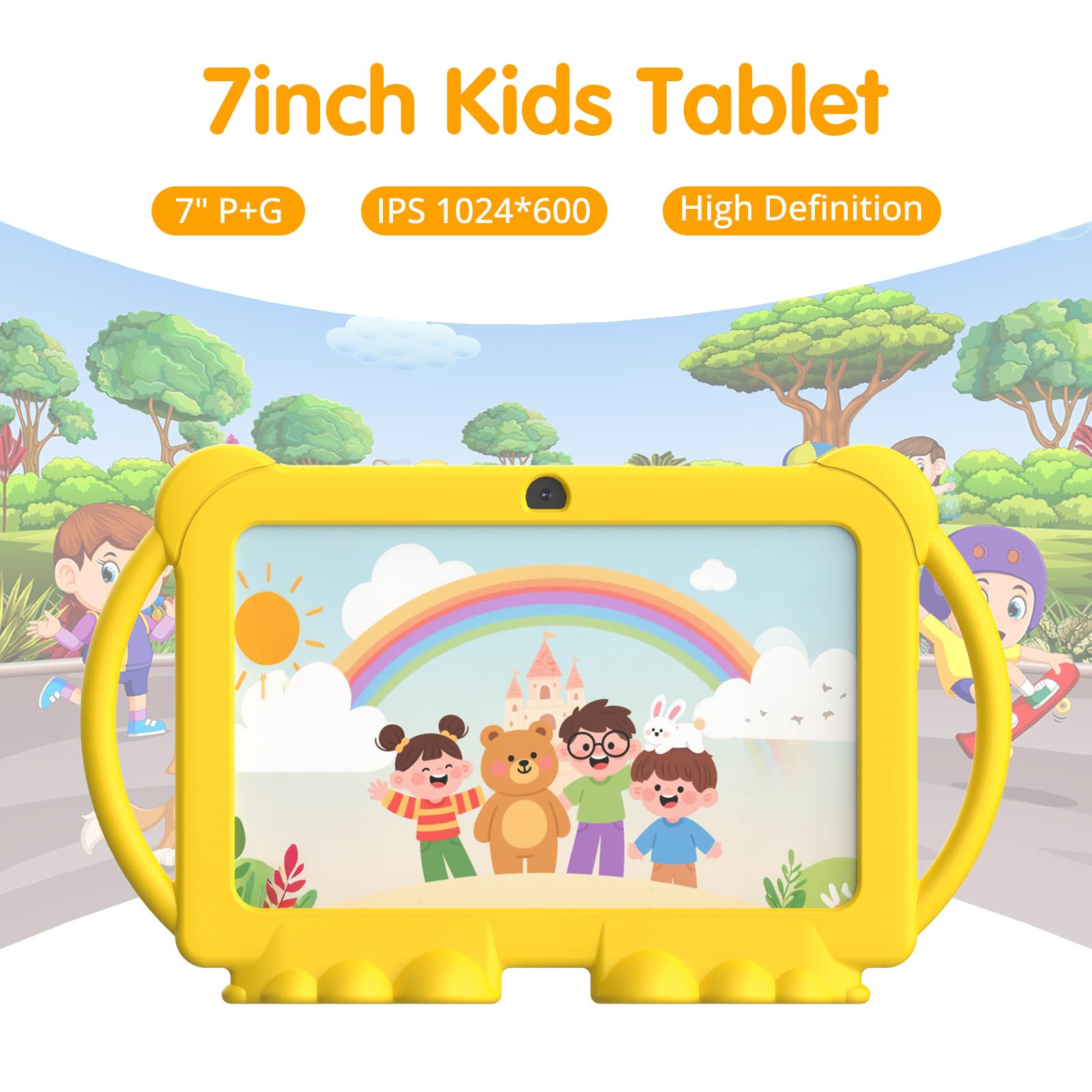 PEICHENG Tablet per bambini da 7 pollici, Android 12.0 per bambini, 4 GB di RAM, 32 GB ROM, schermo IPS Bluetooth, controllo parentale, doppia fotocamera, antiurto, per giochi educativi (giallo)