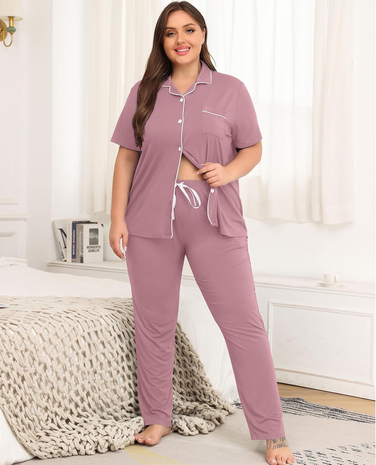 SWOMOG Women's Plus Size Pajama Set Short Sleeve Sleepwear Top and Pants Button Up Pajamas for Women Loungewear - Image 4