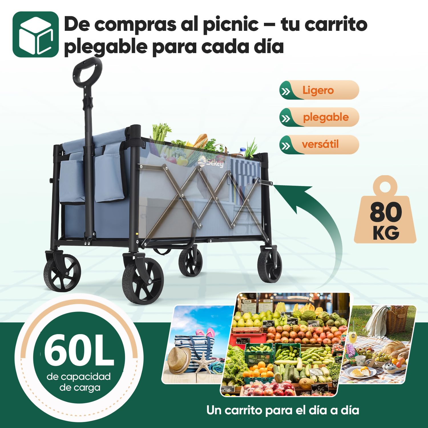 Sekey Carro Plegable 60L Carga/80KG Capacidad, Carrito Playa y Mango Ajustable，Compacto Ligero para Supermercado/Acampada Mini 4029, Azul