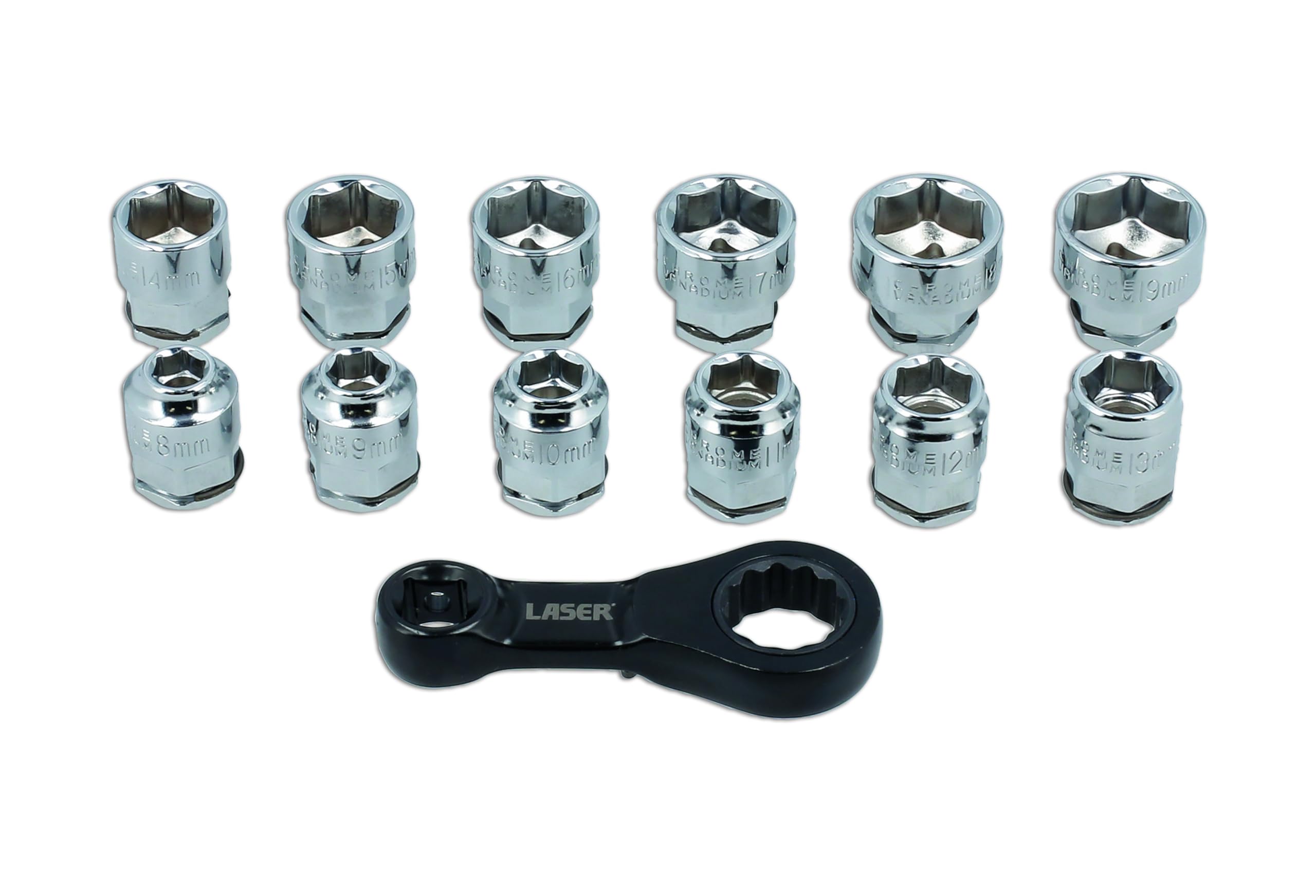 Laser 9138 Ratchet Torque Adapter with Shallow Insert Sockets 13pc, Silver