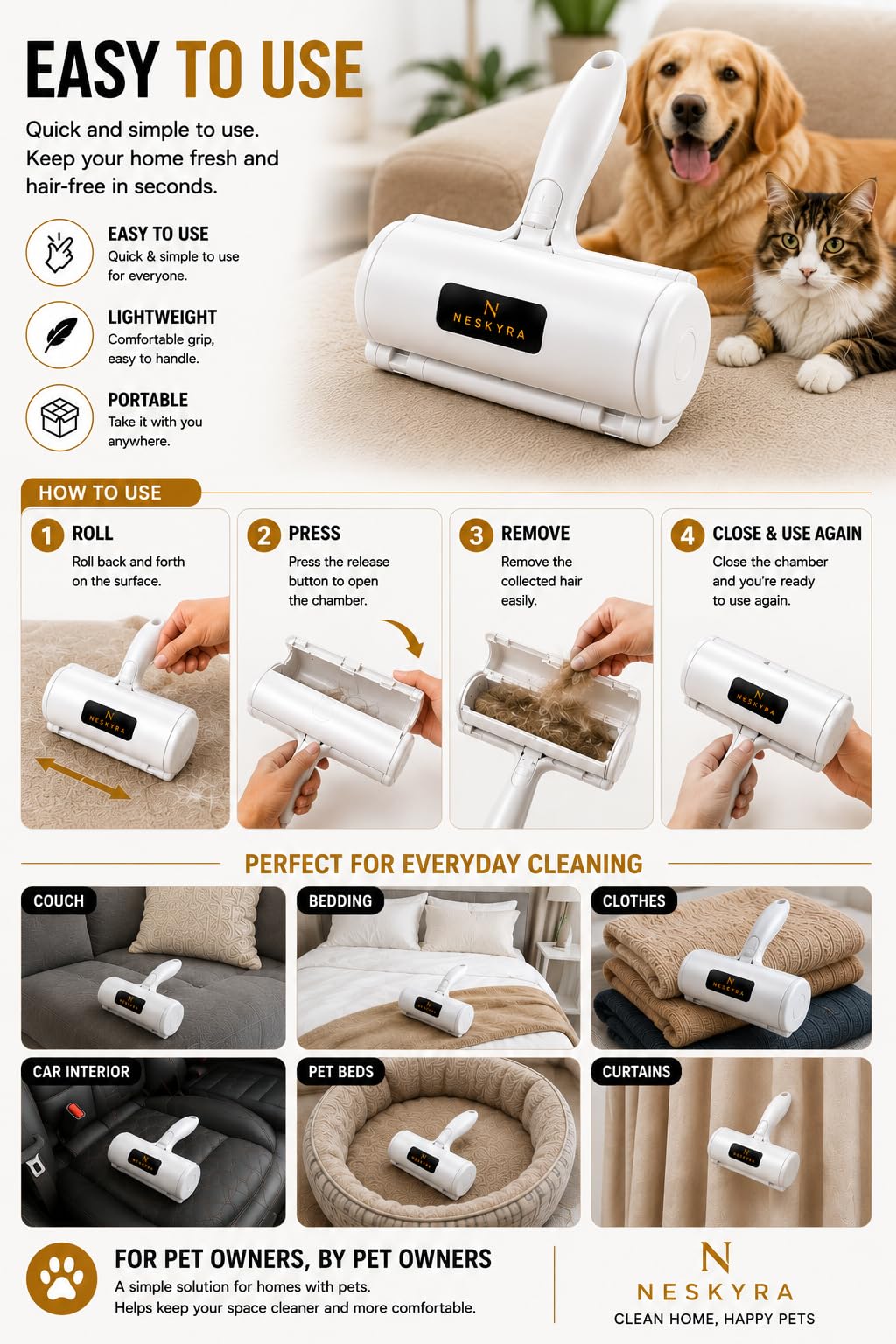 NESKYRA Pet Hair Remover Roller, Reusable Lint Roller for Pet Hair, Couch, Furniture & Clothes view 6