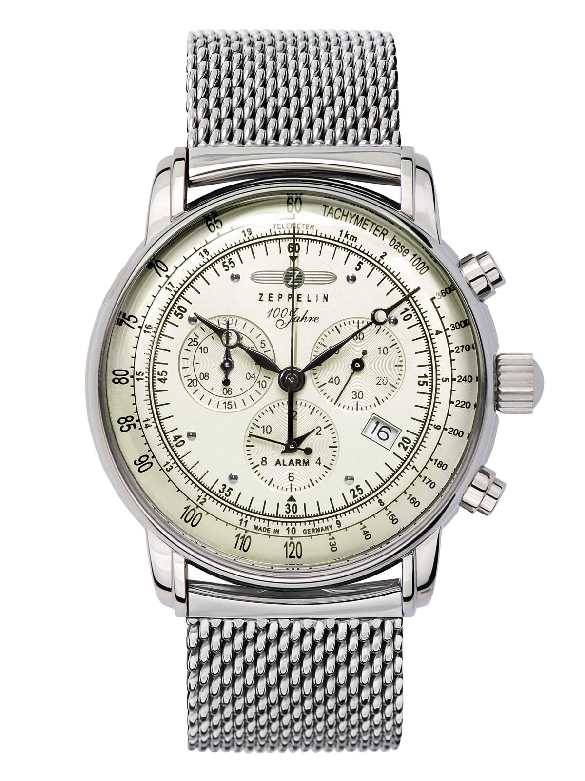 Zeppelin Herrenuhr mit massivem Edelstahl Milanaiseband Serie 100 Jahre Chronograph Datum Alarm 8680M