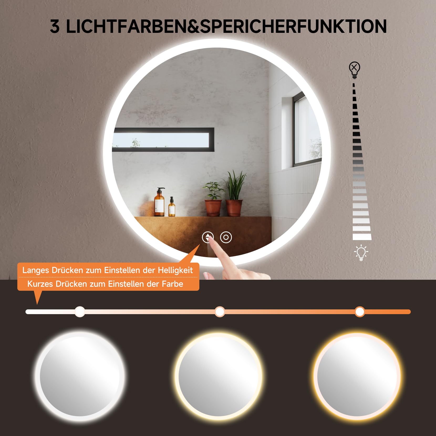 YOLEO Specchio Bagno Rotondo con Luce LED Orientabile in 3 Colori, 70 x 70 cm Specchio da Bagno con Interruttore Touch e Funzione Antiappannamento, 6400 K
