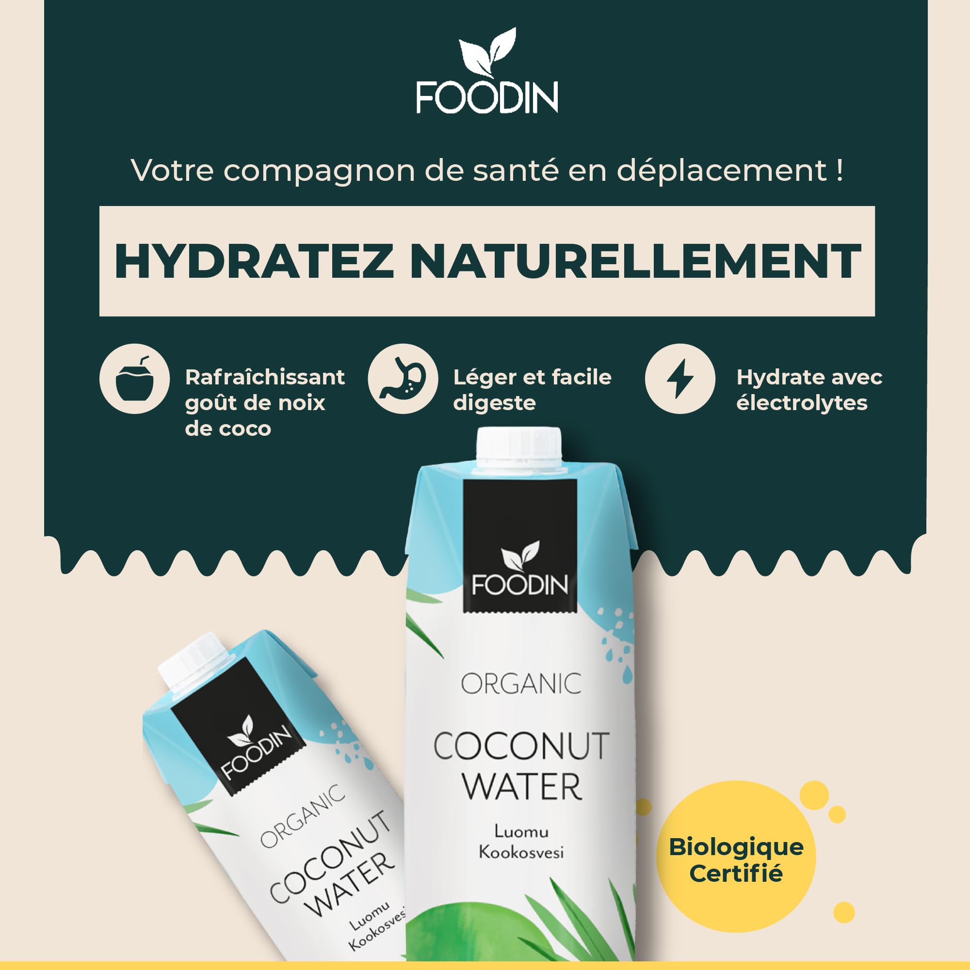 Foodin Eau de coco Bio, Naturellement hydratante avec des électrolytes, Sans gras, Sans gluten, Sans OGM, Faible en calories - Désaltérant apaisant - Paquet de 6 (6x1000ml)