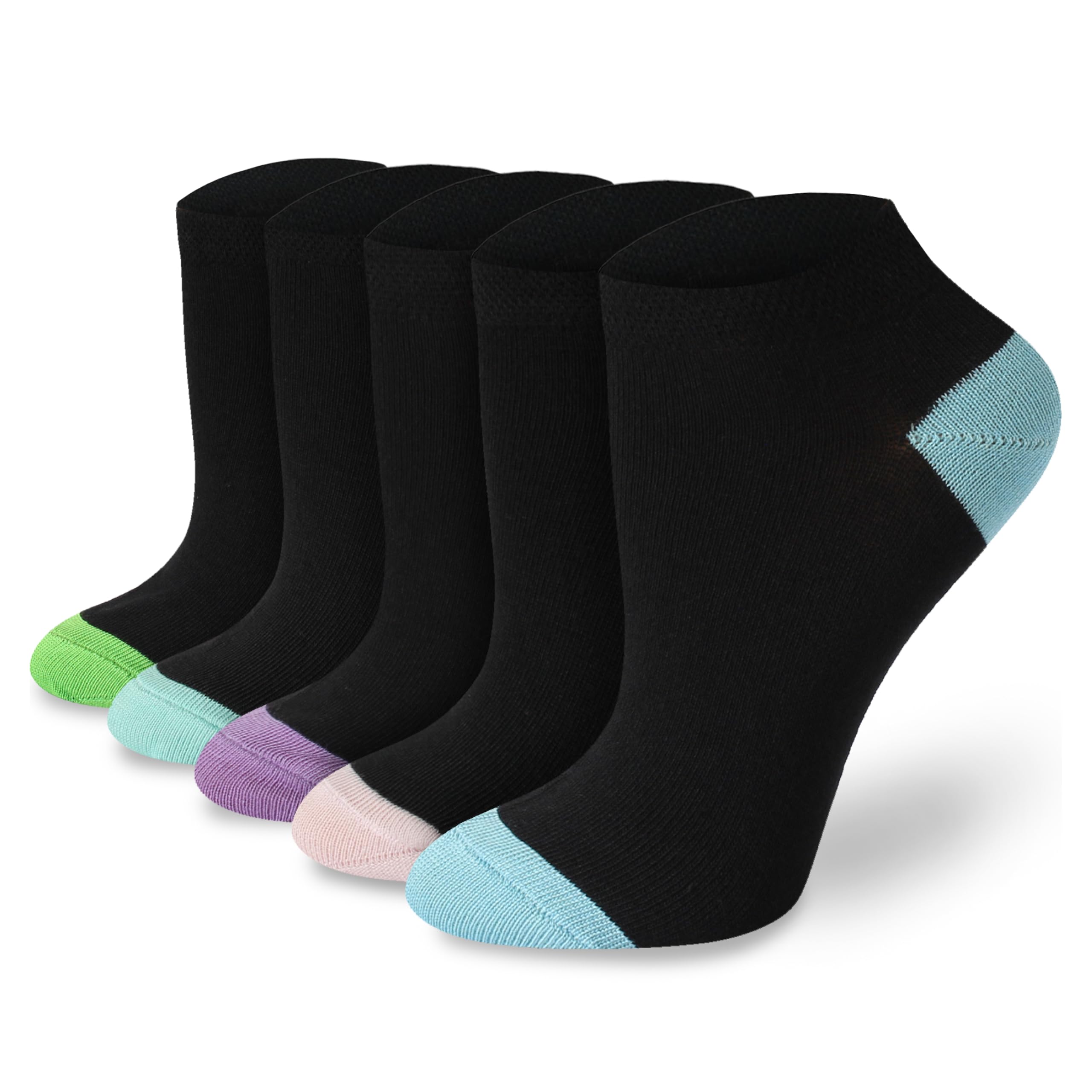 Socksmad Ladies Trainer Socks Size 4-7 - Coloured Heel & Toe Black Multipack - Womens Sports Socks - Cotton-Rich, Summer Trainer Liners - 5 Pair Pck Heel & Toe PK4