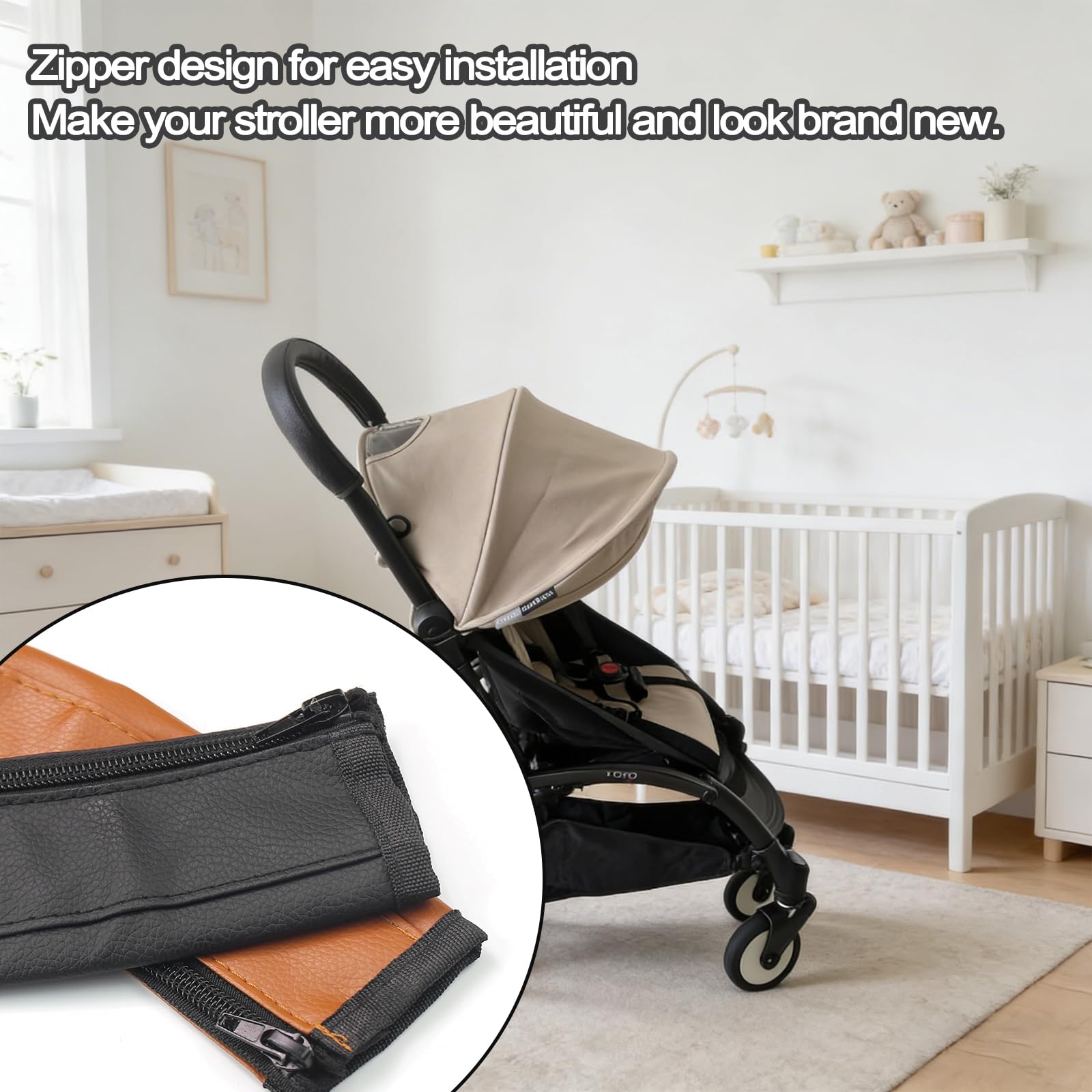 2PCS Copri Maniglia Passeggino Marrone, Copri Maniglie per Carrozzina in Pelle di Pu, Protezione Della Maniglia Per Carrozzina,Impermeabile,Impugnatura Antipolvere Copertura-Marrone+Nero