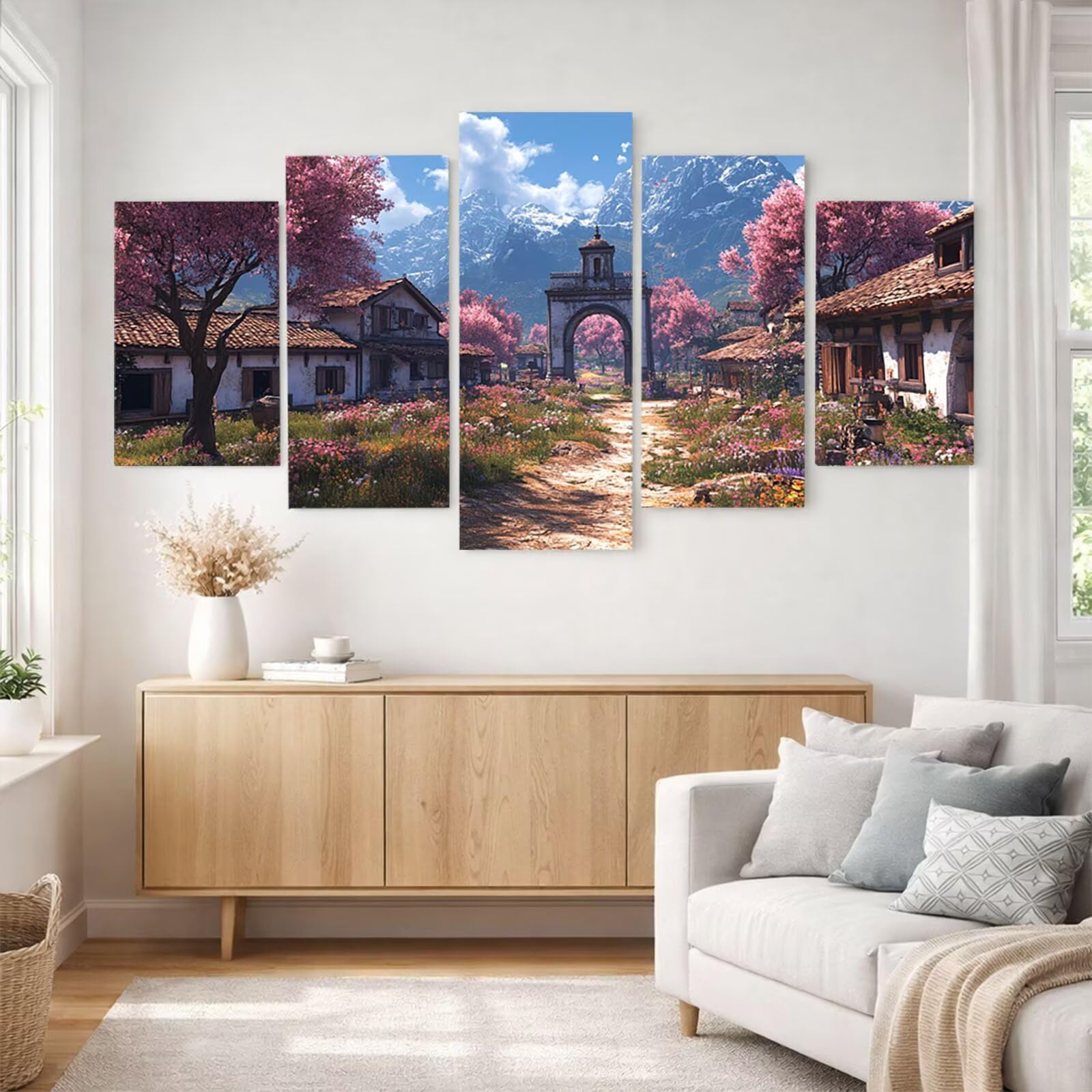 5 Pack Leuchtend Malen Nach Zahlen Erwachsene Berg Drei Größen YCBZ-0864 | DIY Set Erwachsene mit Pinselset Acrylfarben Set Fünf Leinwand zum Bemalen Kirschblüten Deko Wohnzimmer Geschenke für Frauen
