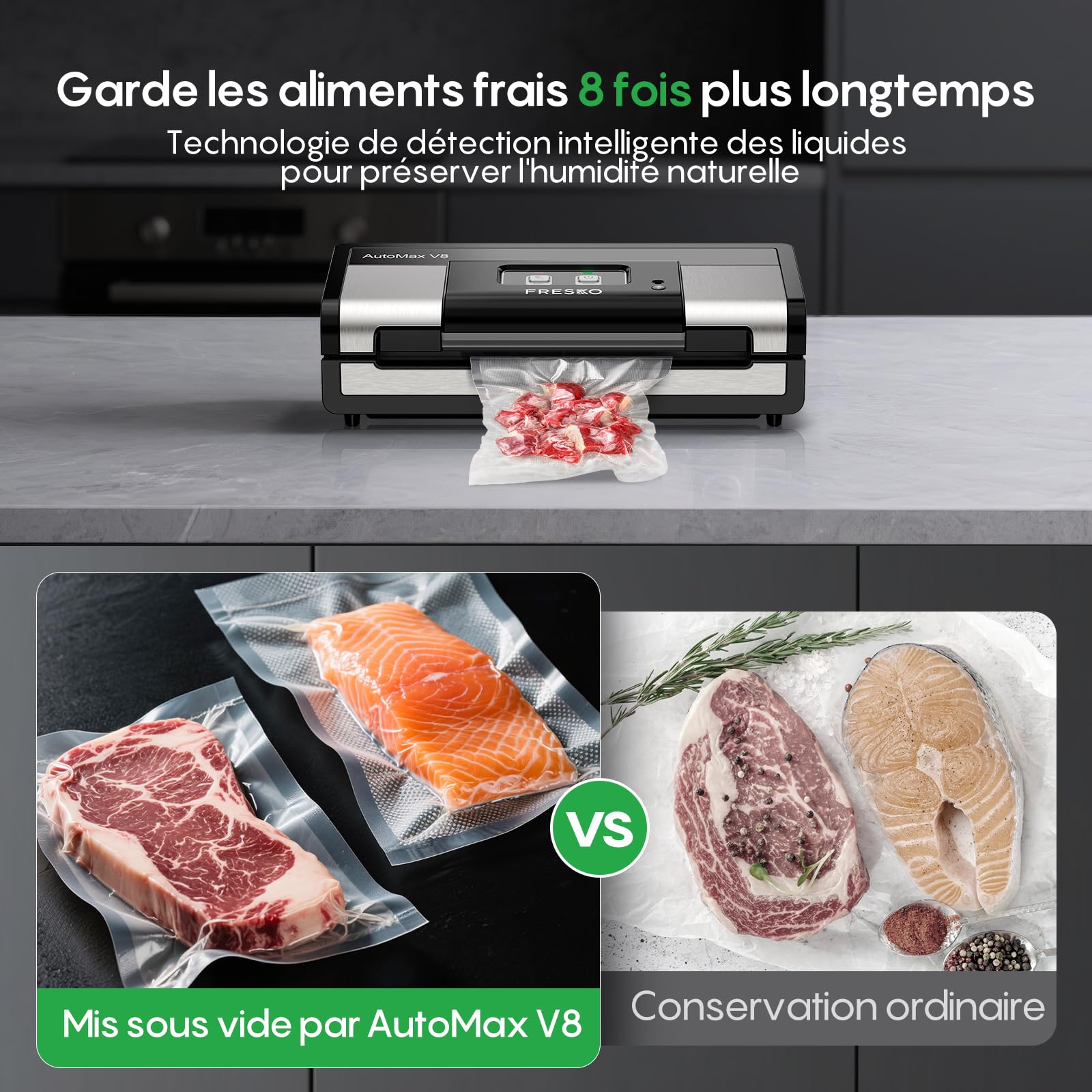 FRESKO Automatique Machine Sous Vide Alimentaire, 140 Watts, Machine Sous Vide Mains Libres, Détection Sec/Humide, Sac à 2 Rouleaux, coupeur intégré et rangement du sac (AutoMax V8)