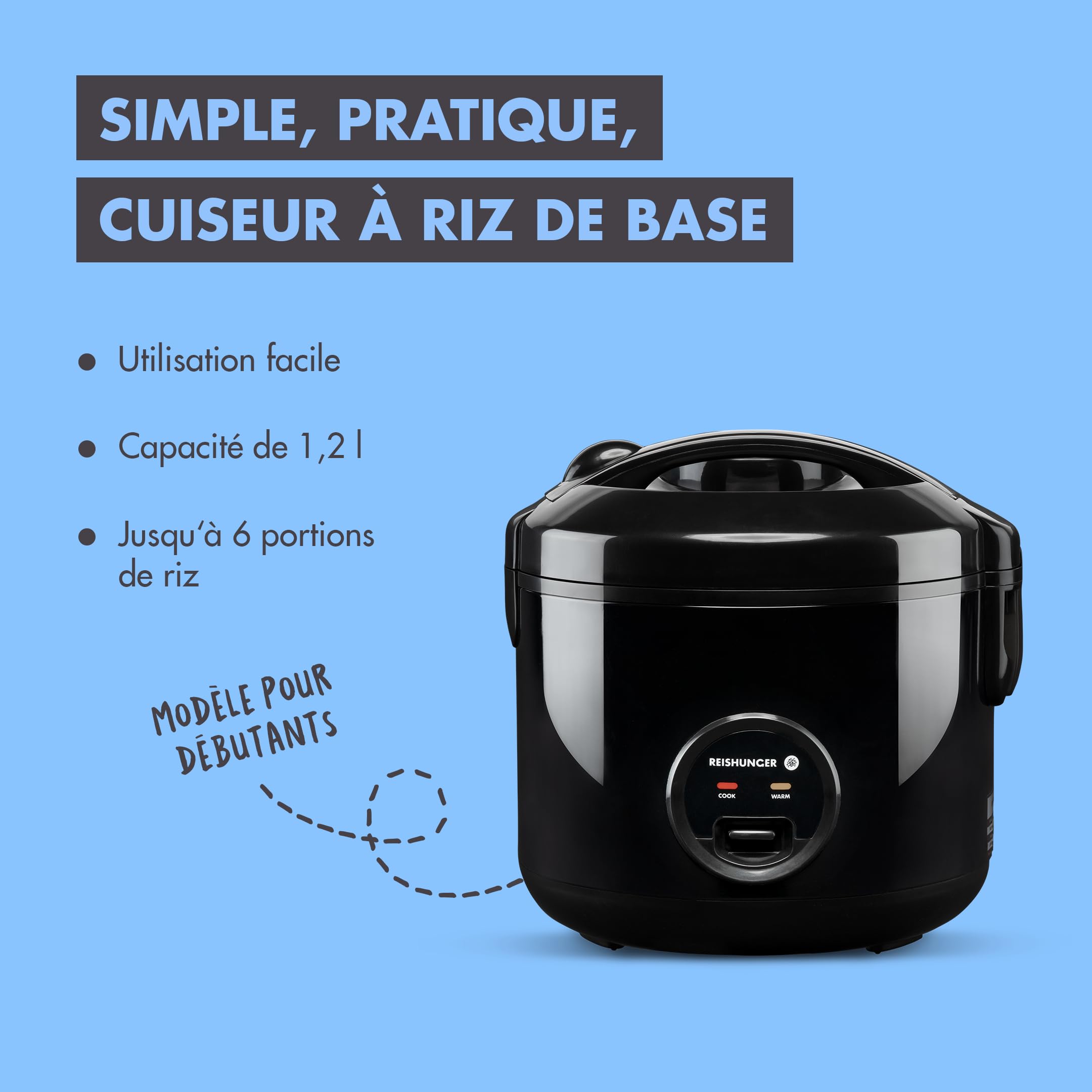 REISHUNGER Cuiseur riz (rice cooker) & cuiseur à vapeur Noir avec fonction de maintien au chaud - 1.2 l pour 1-6 personnes - Revêtement céramique avec insert pour cuiseur à vapeur