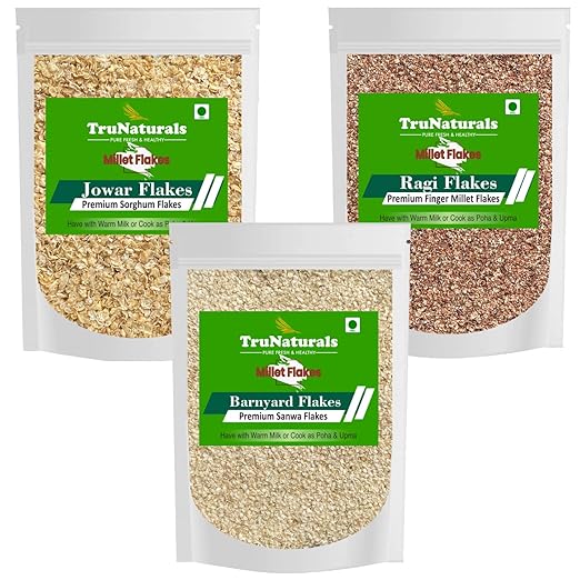 TruNaturals Ragi, Jowar & Barnyard Millet Flakes Combo pack offer 300g x 3 | Finger millet, Sorghum, Barnyard Flakes Poha Combo | Millet flakes organic unpolished sugar free | Millet cereal breakfast