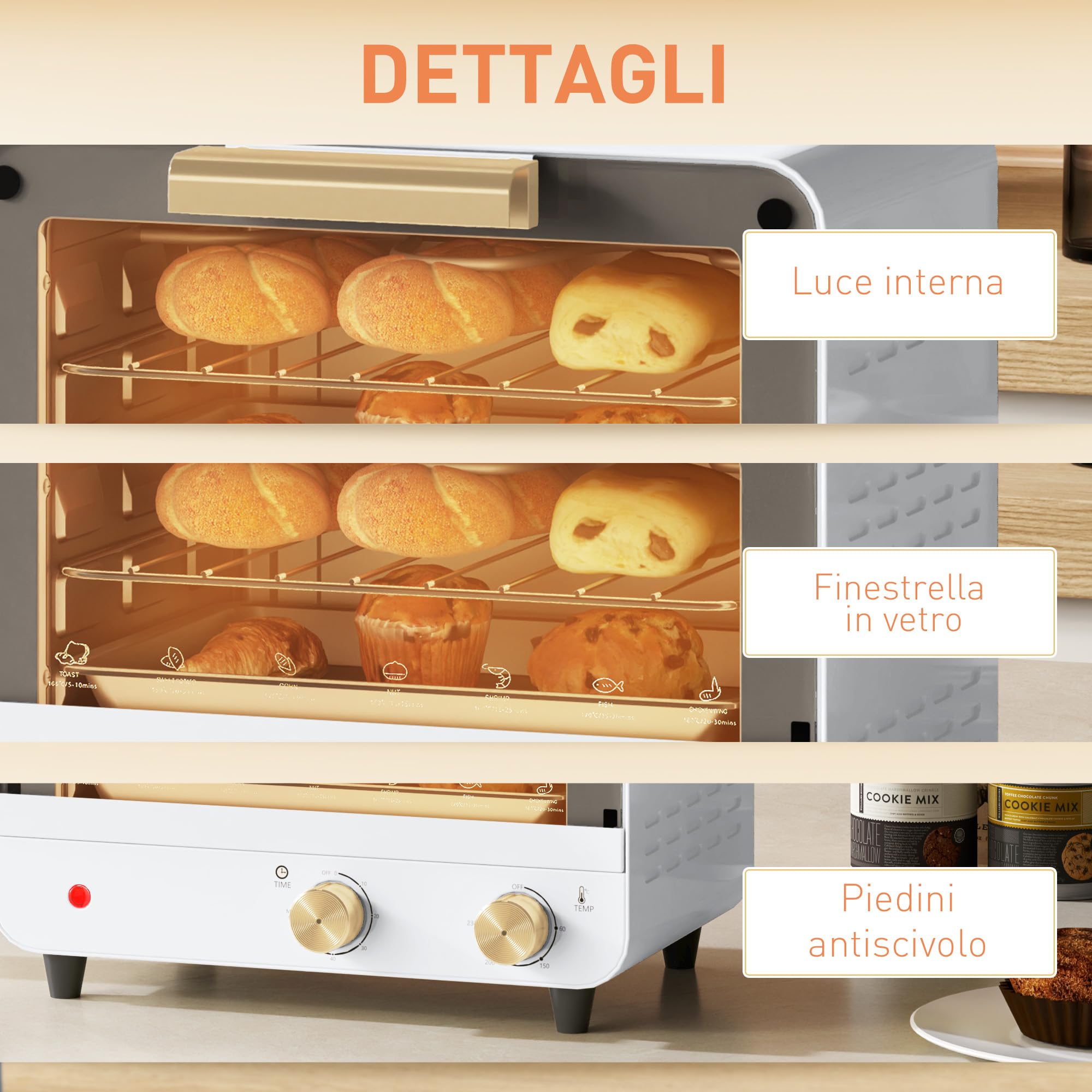 HOMCOM Fornetto Elettrico 12L a 2 Altezze con Timer e Temperatura Regolabile, Mini Forno in Acciaio Inox, Vetro e Plastica, 31.5x27.7x22.7 cm, Bianco e Oro