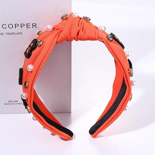 Vista 16 de Diademas de Halloween para mujer, diadema anudada con cuentas de truco o trato, diadema con nudo superior con diamantes de imitación, accesorio