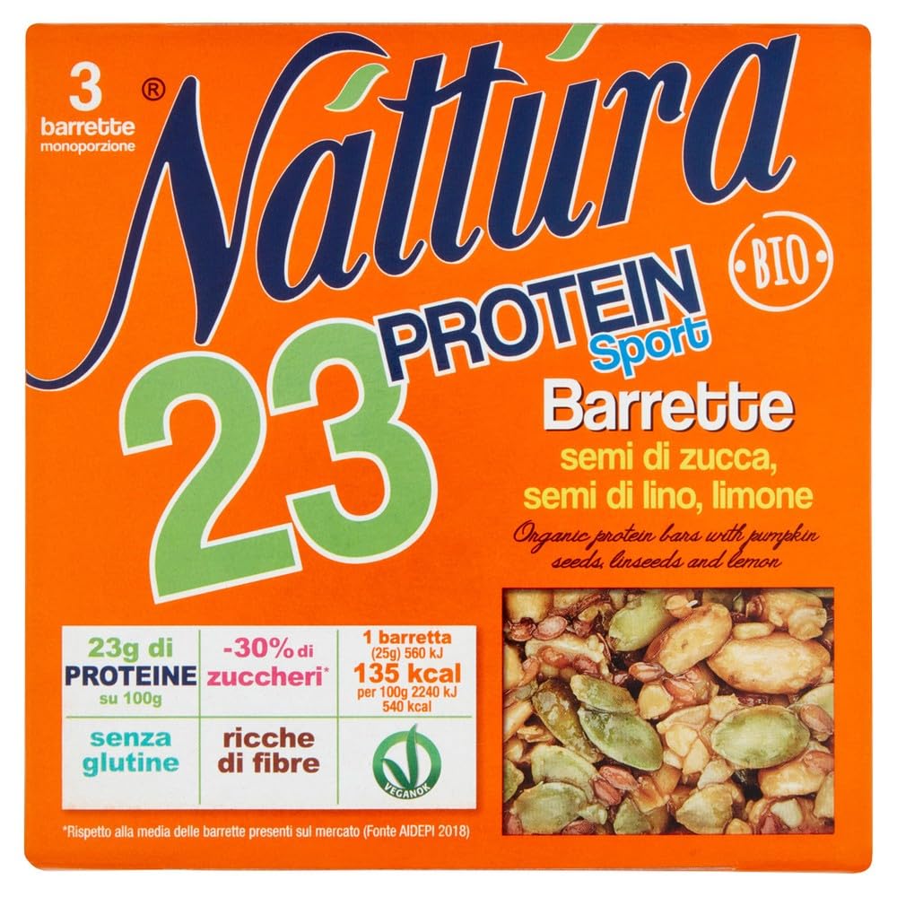 Náttúra - Barritas de proteínas deportivas (semillas de calabaza orgánicas, semillas de lino, limón, paquete de 75 g, cada paquete contiene 3 barritas de 25 g + lata de 400 g)