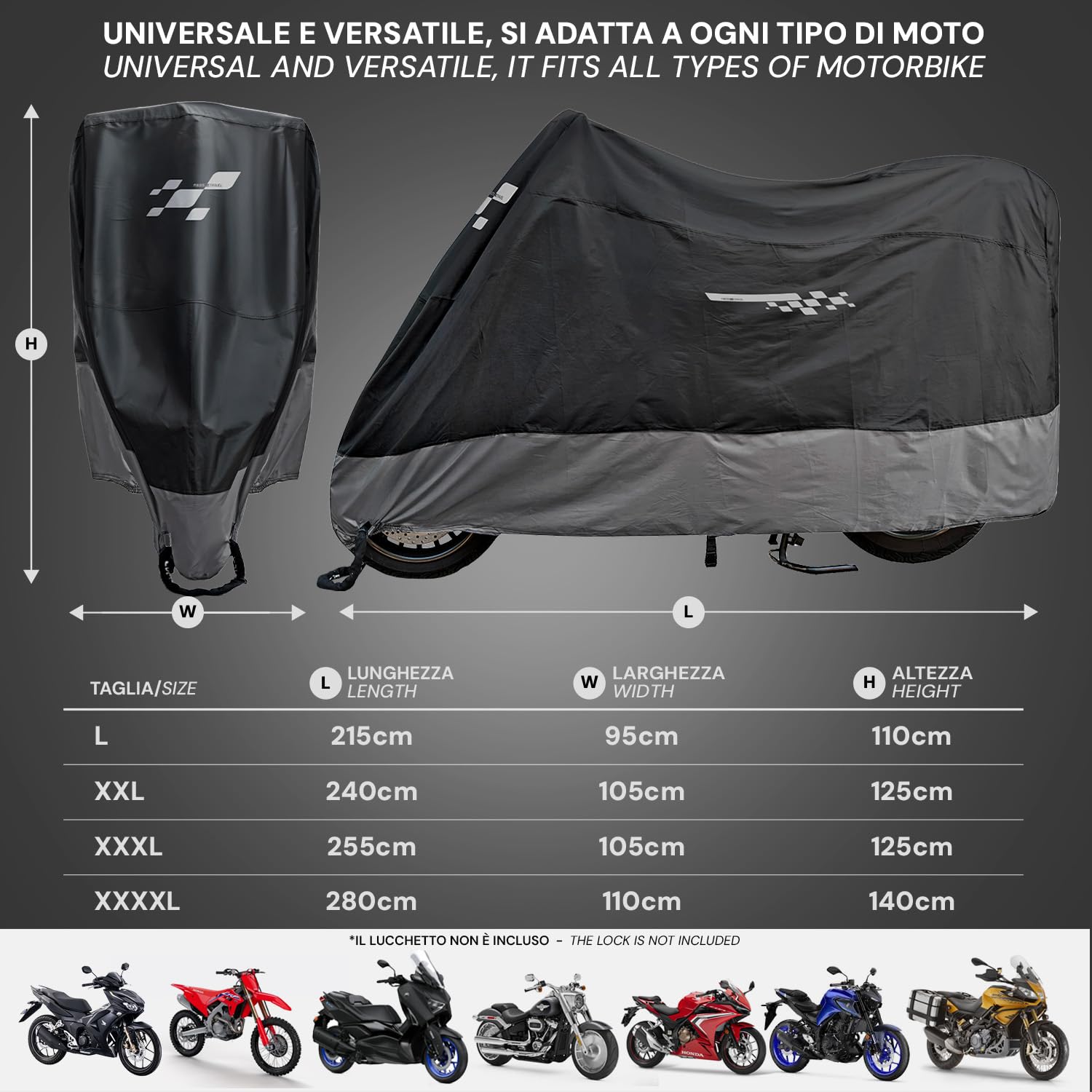 PERLETTI Telo Coprimoto Impermeabile Esterno Interno - Copertura Moto Scooter Universale Inserti Catarifrangenti - Protezione Raggi UV Pioggia Ghiaccio Polvere Fibbia Antivento (240x105x125cm)